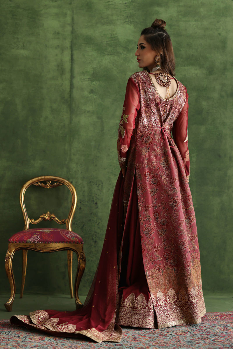 Pakistani Maroon Zardozi Organza Silk Bridal Lehenga (3-Piece) - Image 3
