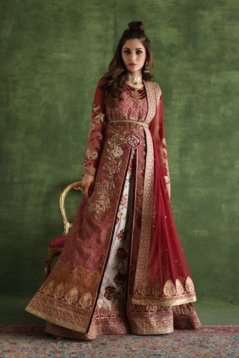 Pakistani Maroon Zardozi Organza Silk Bridal Lehenga (3-Piece) - Image 4