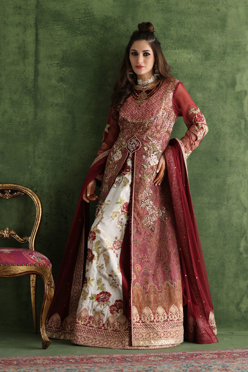 Pakistani Maroon Zardozi Organza Silk Bridal Lehenga (3-Piece) - Image 5