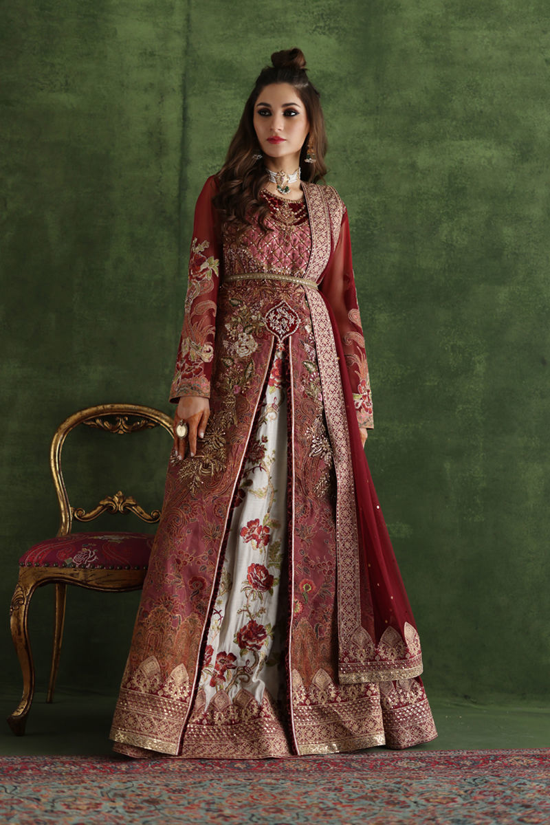 Pakistani Maroon Zardozi Organza Silk Bridal Lehenga (3-Piece) - Image 6