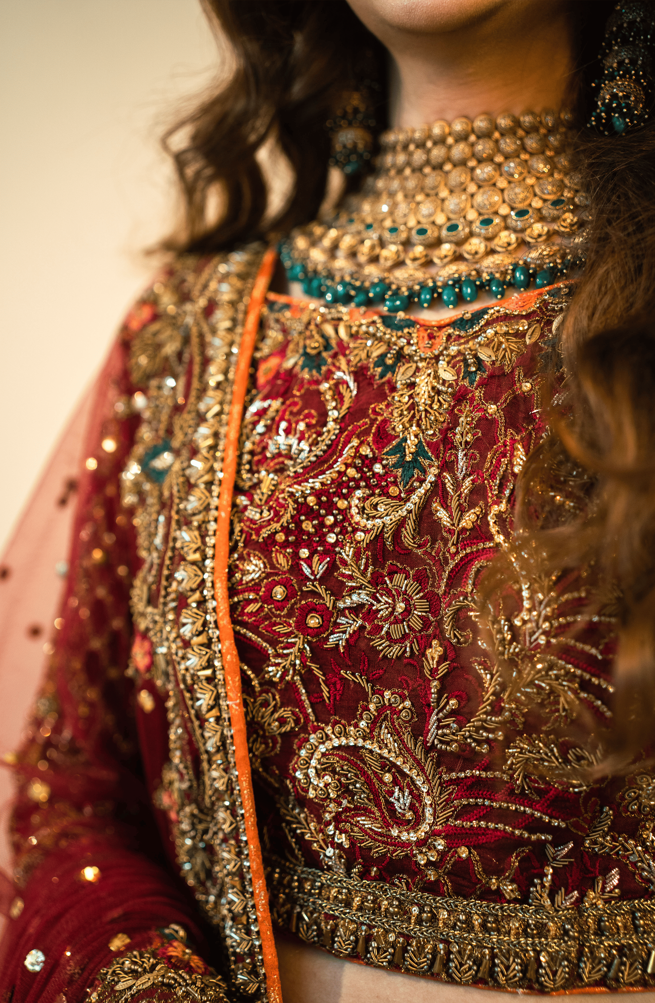 Maroon Embroidered Organza Bridal Lehenga Choli (3-Piece) - Image 7