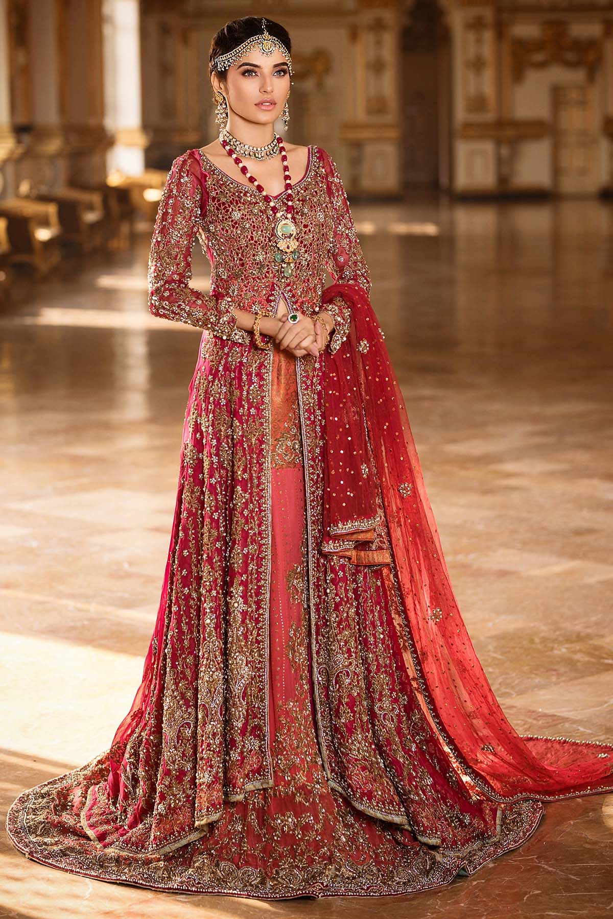 Maroon Zardozi Organza Gown with Jamawar Lehenga (3-Piece) - Image 1