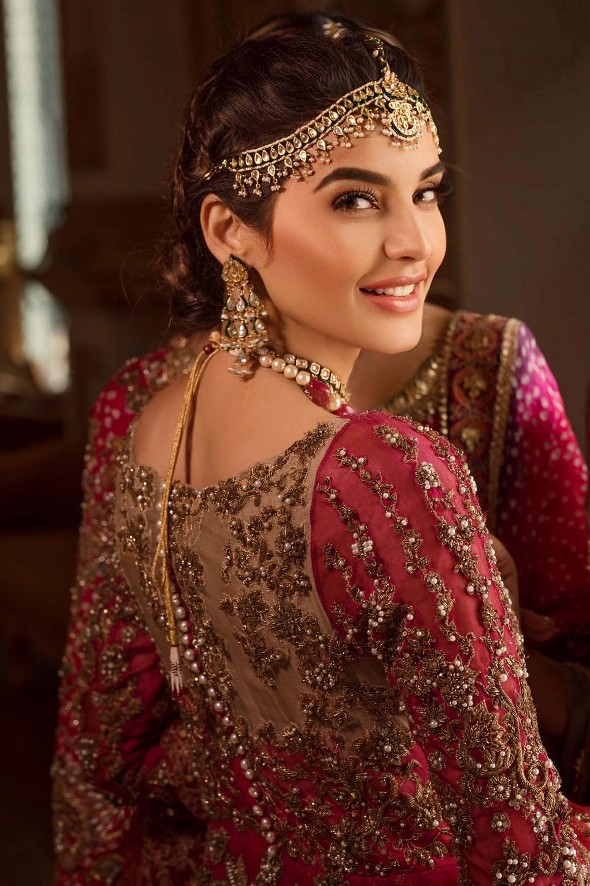 Maroon Zardozi Organza Gown with Jamawar Lehenga (3-Piece) - Image 2