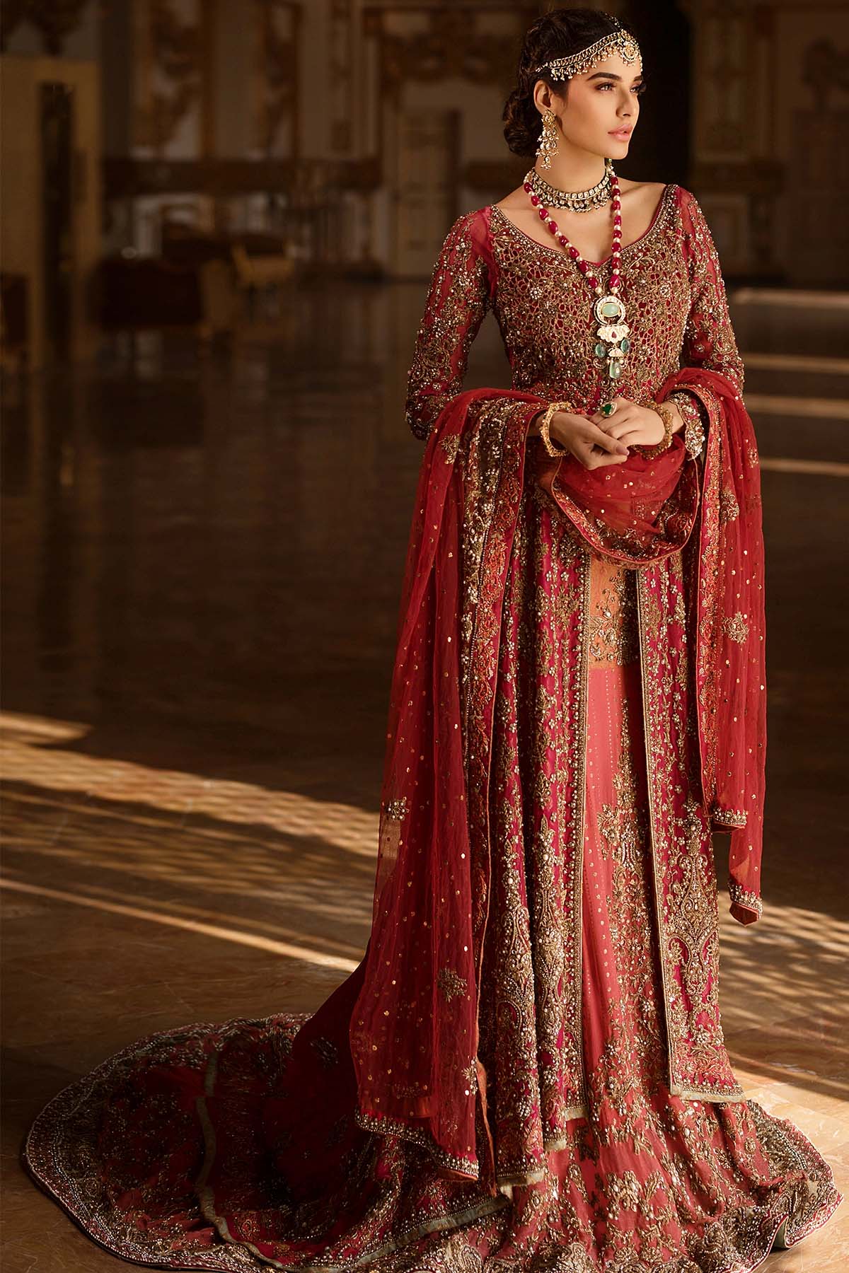 Maroon Zardozi Organza Gown with Jamawar Lehenga (3-Piece) - Image 3