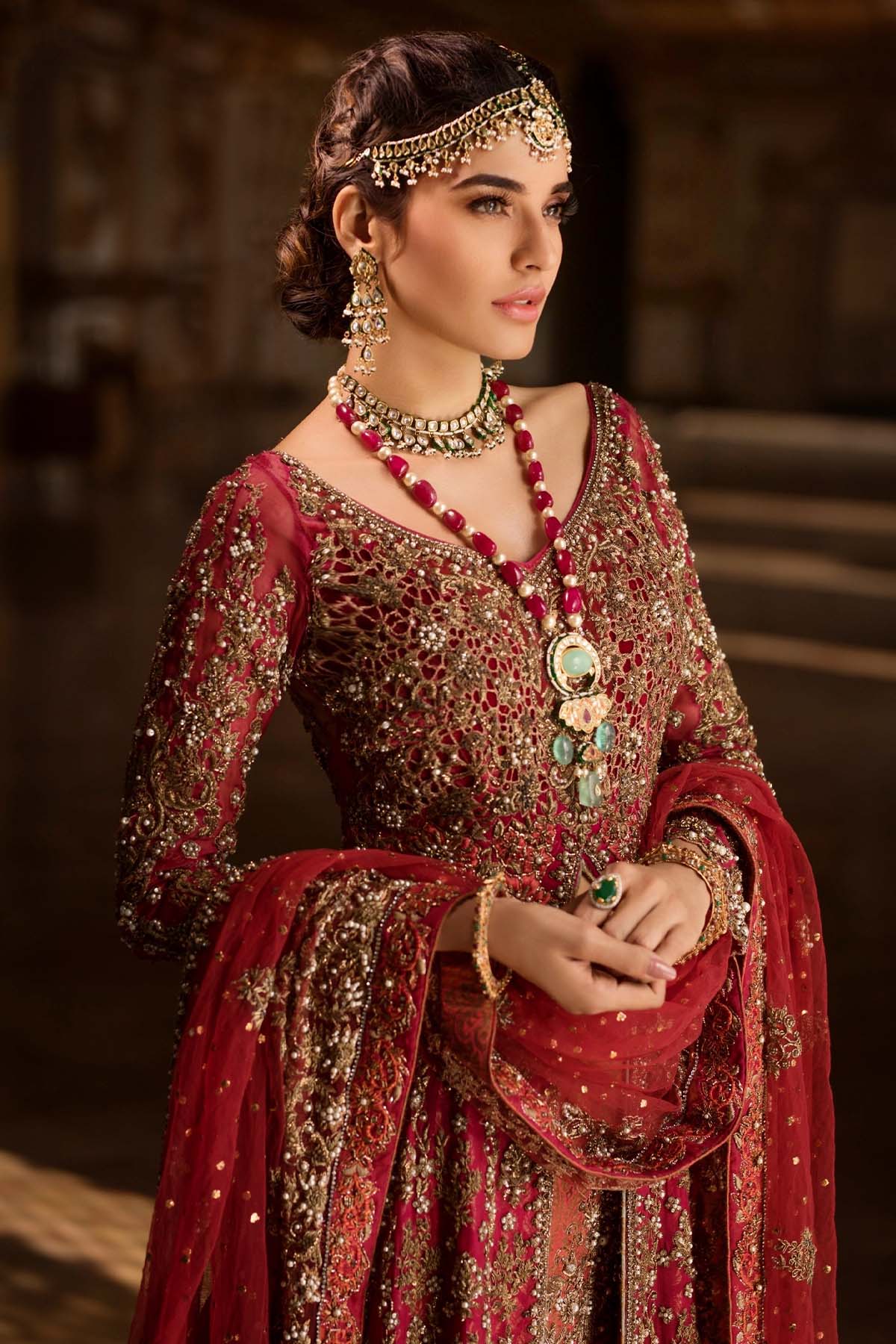 Maroon Zardozi Organza Gown with Jamawar Lehenga (3-Piece) - Image 4