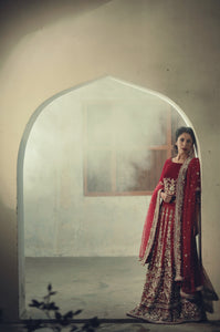 Burgundy Red Hand-Embellished Organza Bridal Lehenga (3-Piece) - Image 1