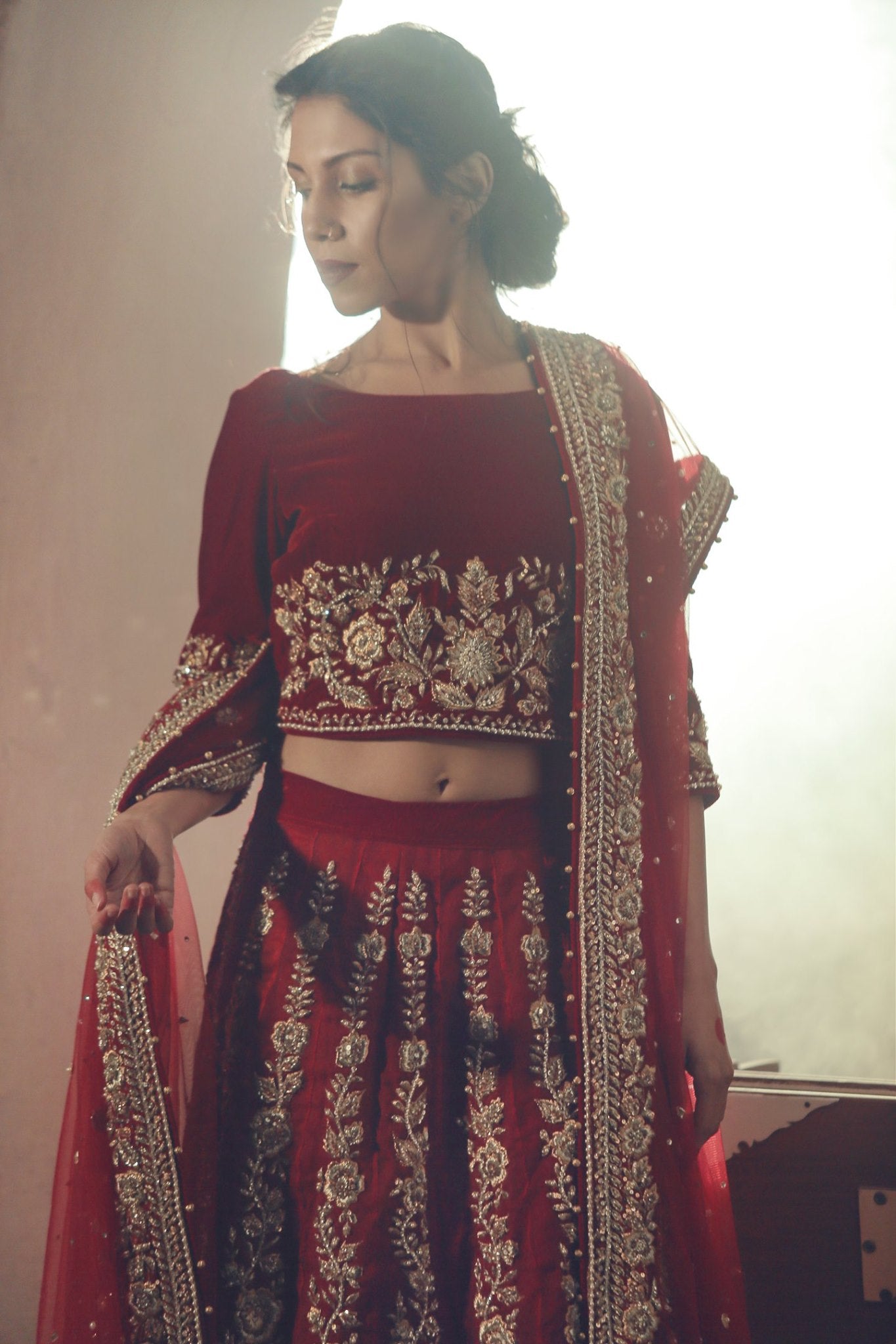Burgundy Red Hand-Embellished Organza Bridal Lehenga (3-Piece) - Image 3
