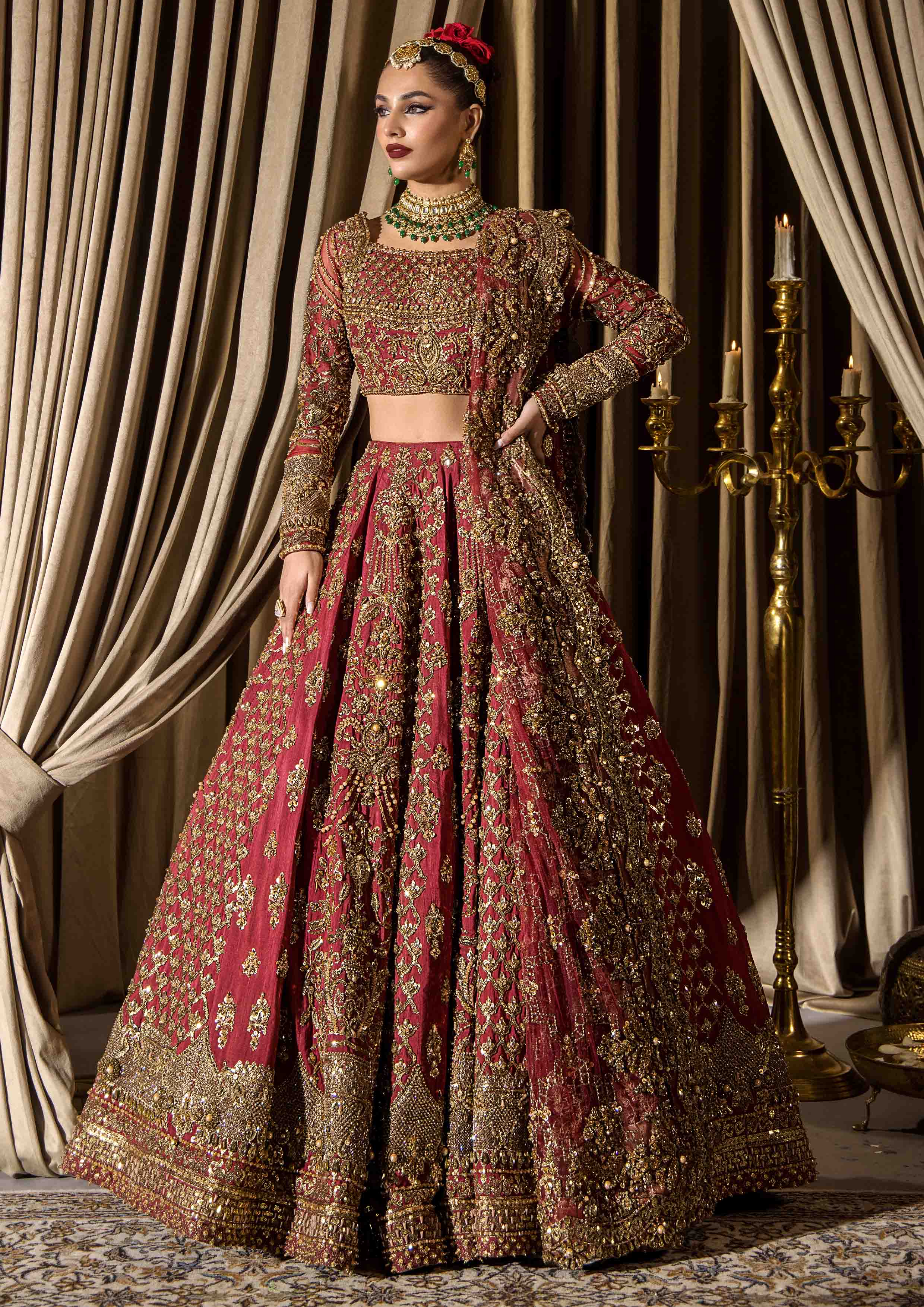 Fresh Maroon Embroidered Raw Silk Lehnga Choli (3-Piece) - Image 1