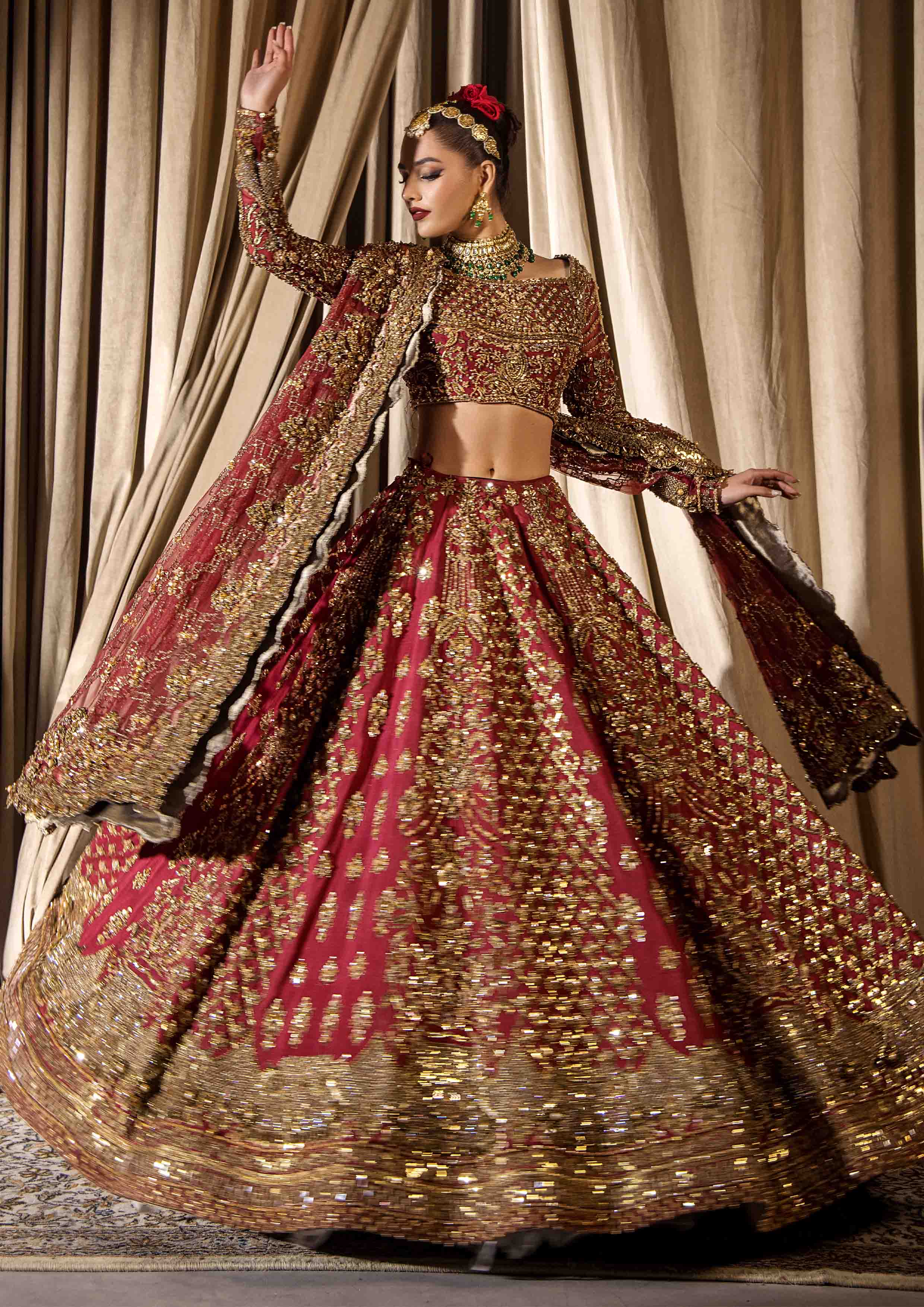 Fresh Maroon Embroidered Raw Silk Lehnga Choli (3-Piece) - Image 12