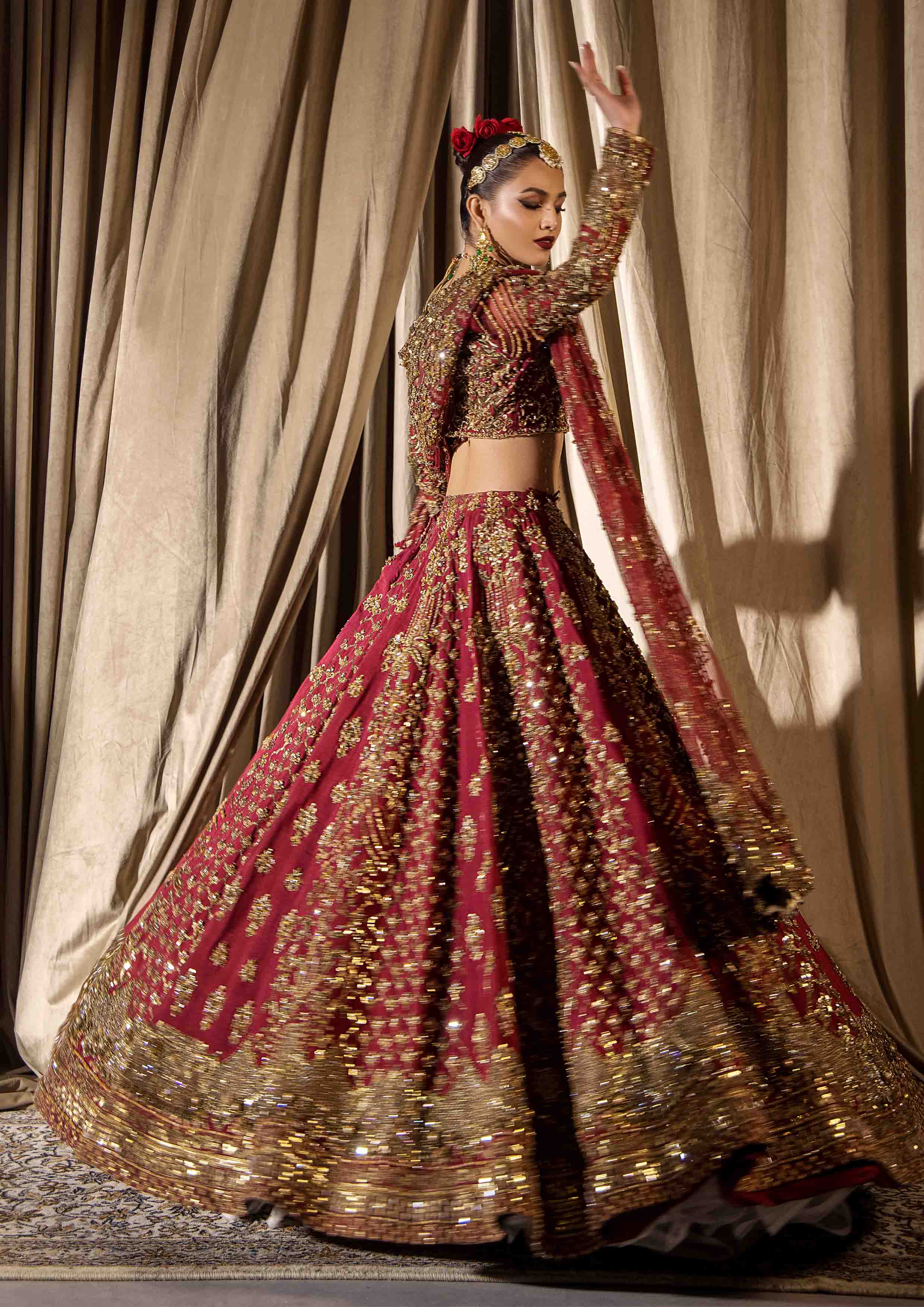 Fresh Maroon Embroidered Raw Silk Lehnga Choli (3-Piece) - Image 13