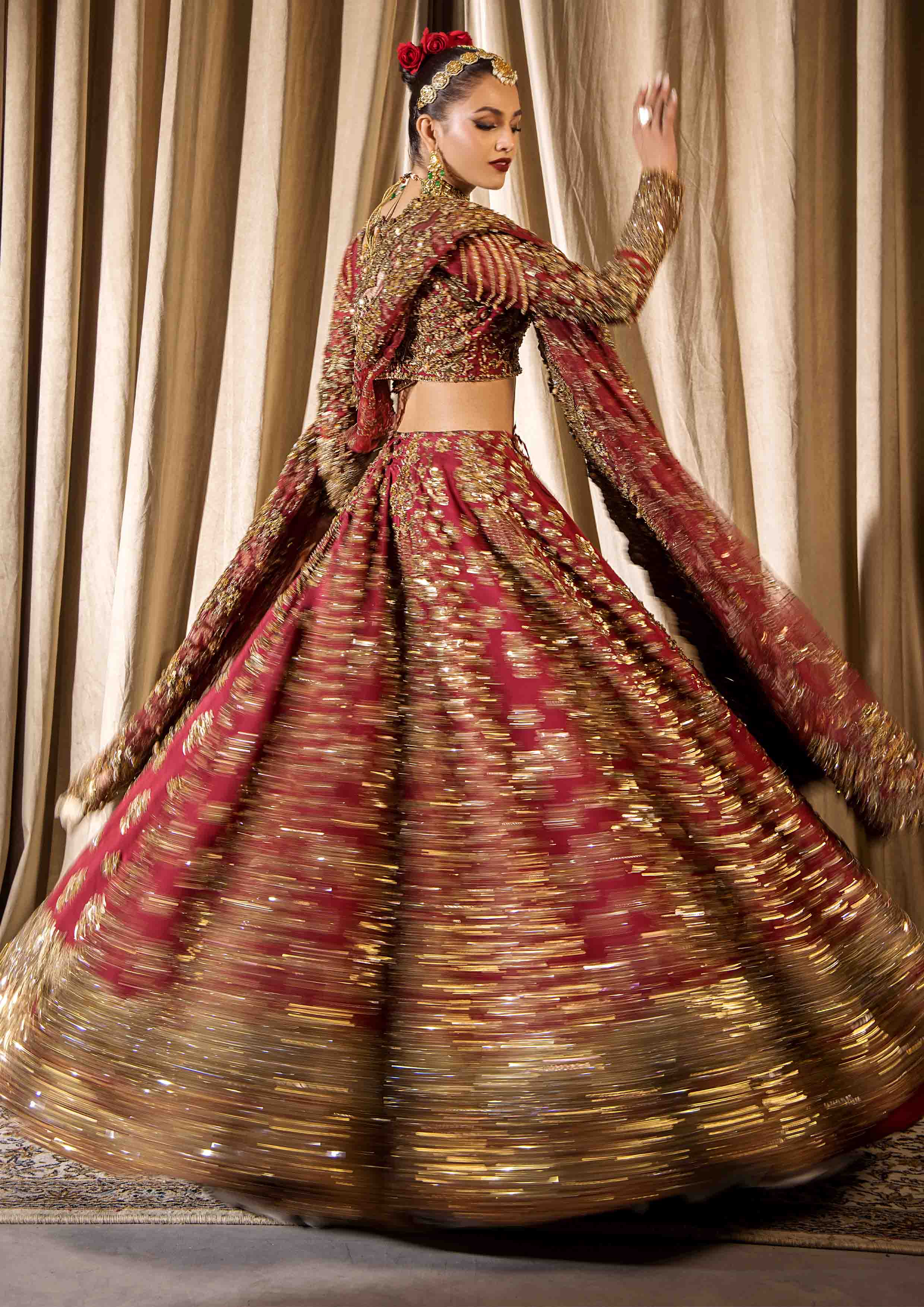 Fresh Maroon Embroidered Raw Silk Lehnga Choli (3-Piece) - Image 15