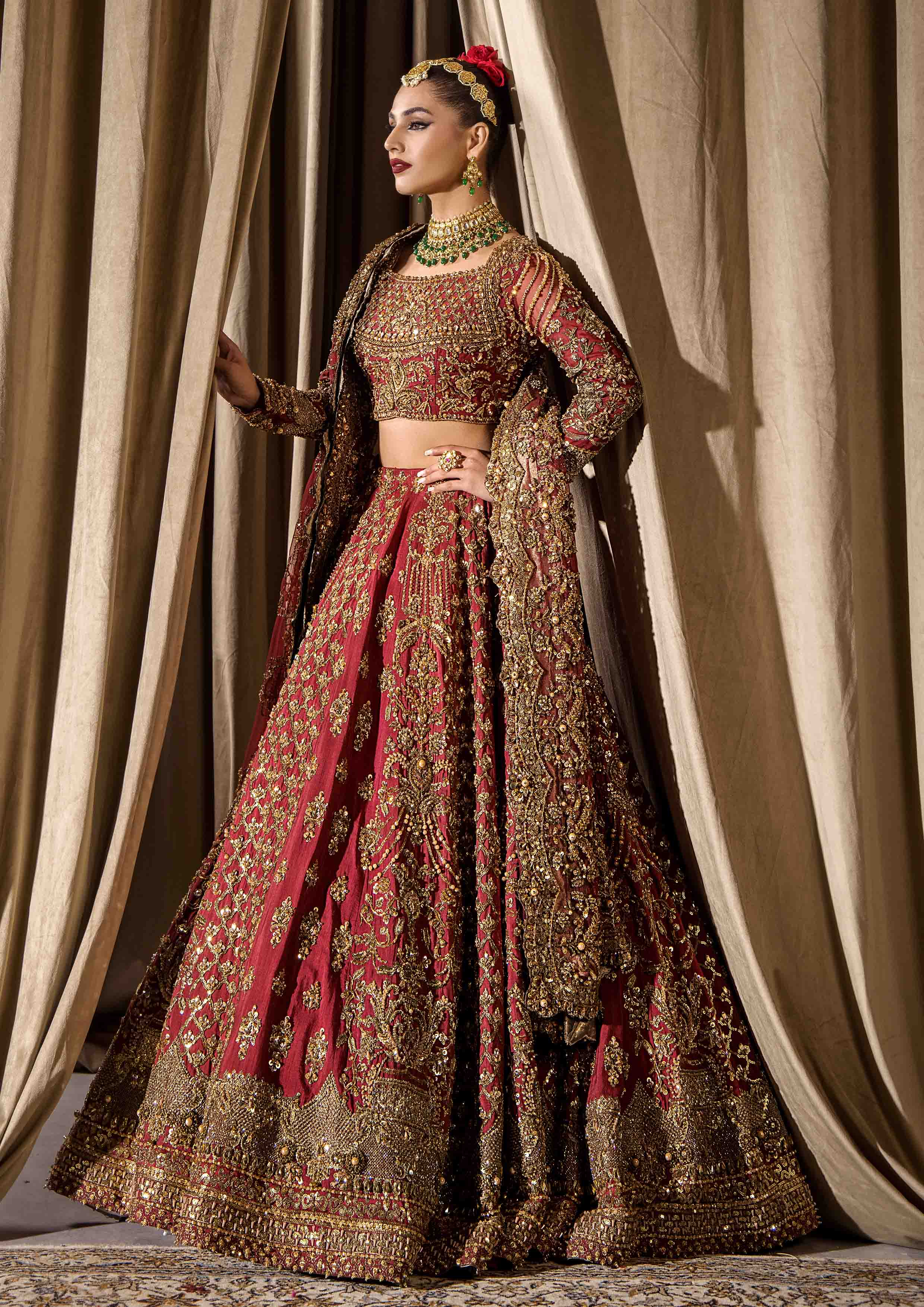 Fresh Maroon Embroidered Raw Silk Lehnga Choli (3-Piece) - Image 16