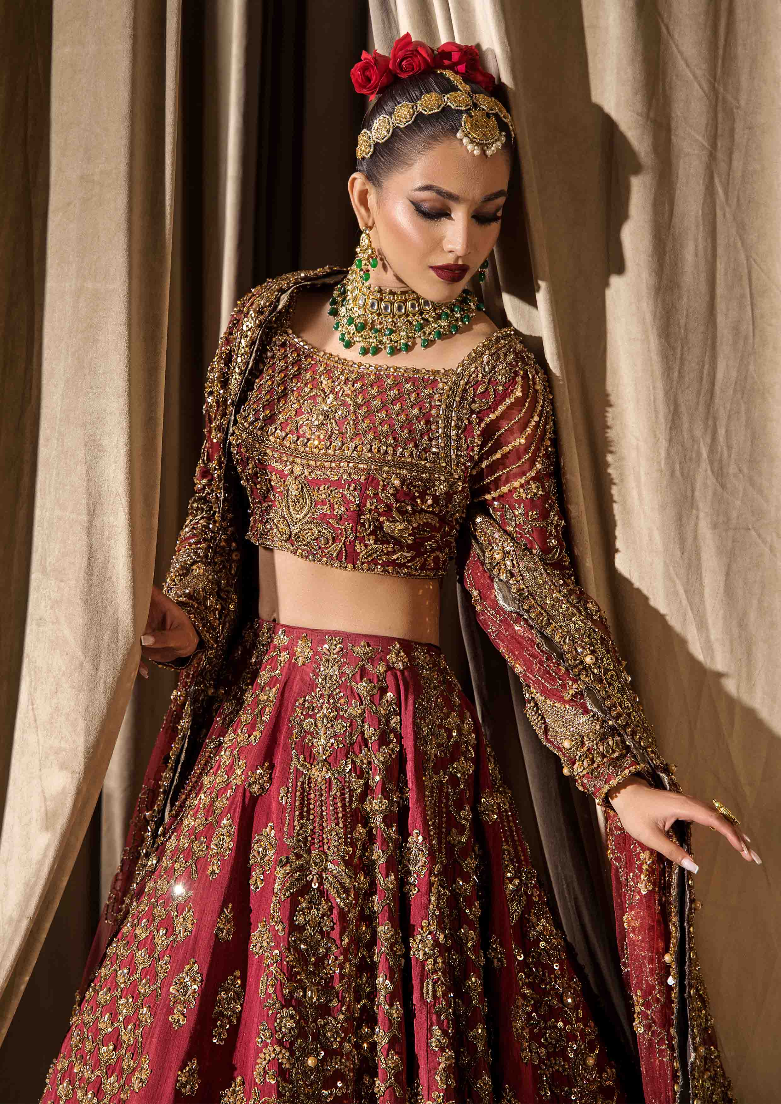 Fresh Maroon Embroidered Raw Silk Lehnga Choli (3-Piece) - Image 17