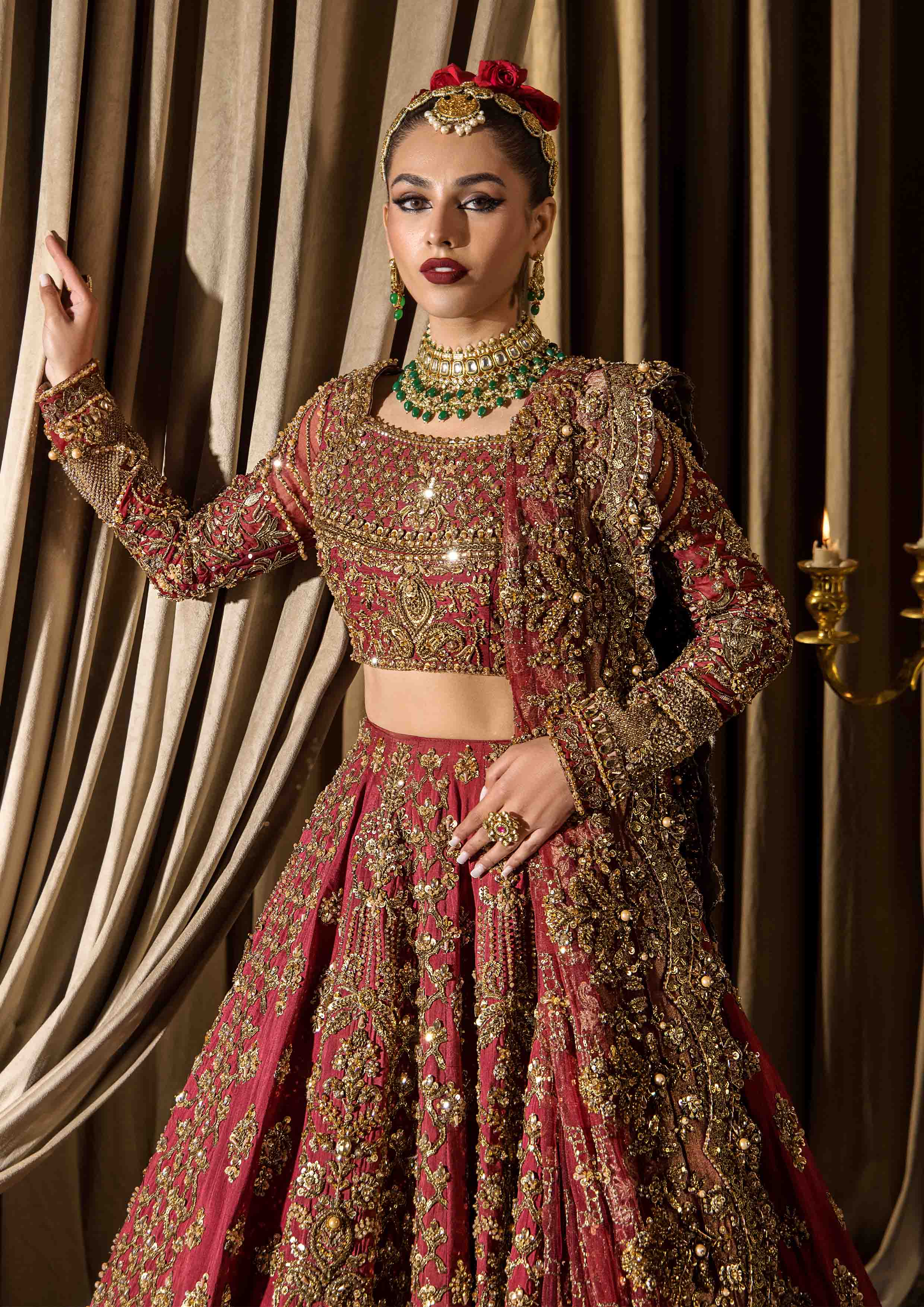 Fresh Maroon Embroidered Raw Silk Lehnga Choli (3-Piece) - Image 4