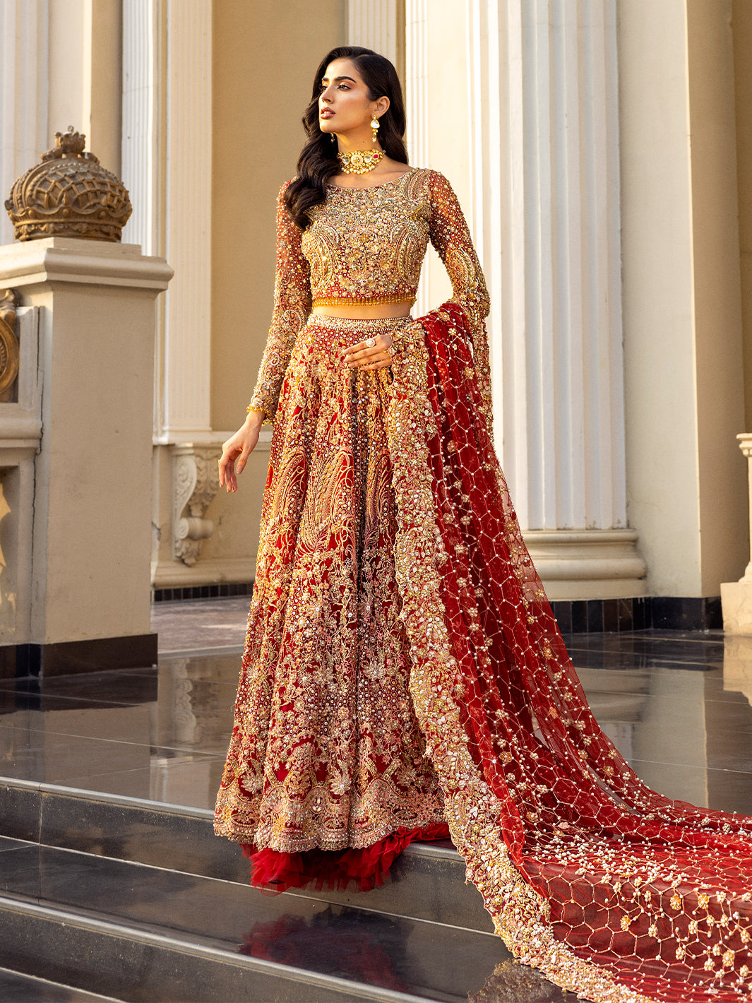 Pakistani Maroon Embellished Raw Silk Lehenga Choli (3-Piece) - Image 2