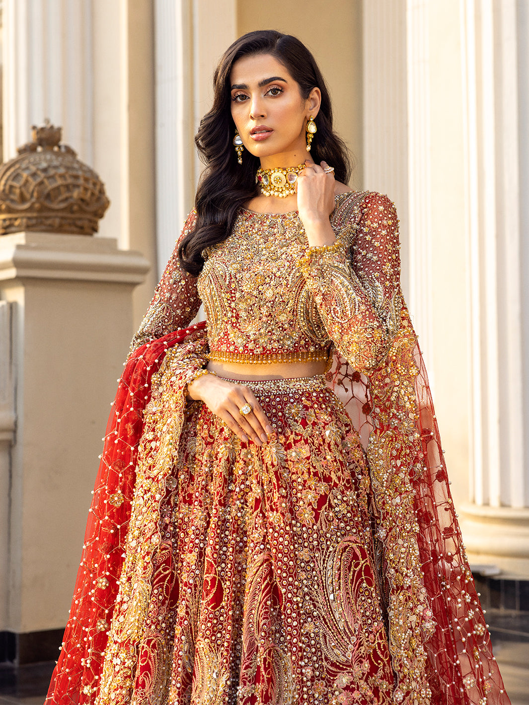 Pakistani Maroon Embellished Raw Silk Lehenga Choli (3-Piece) - Image 4