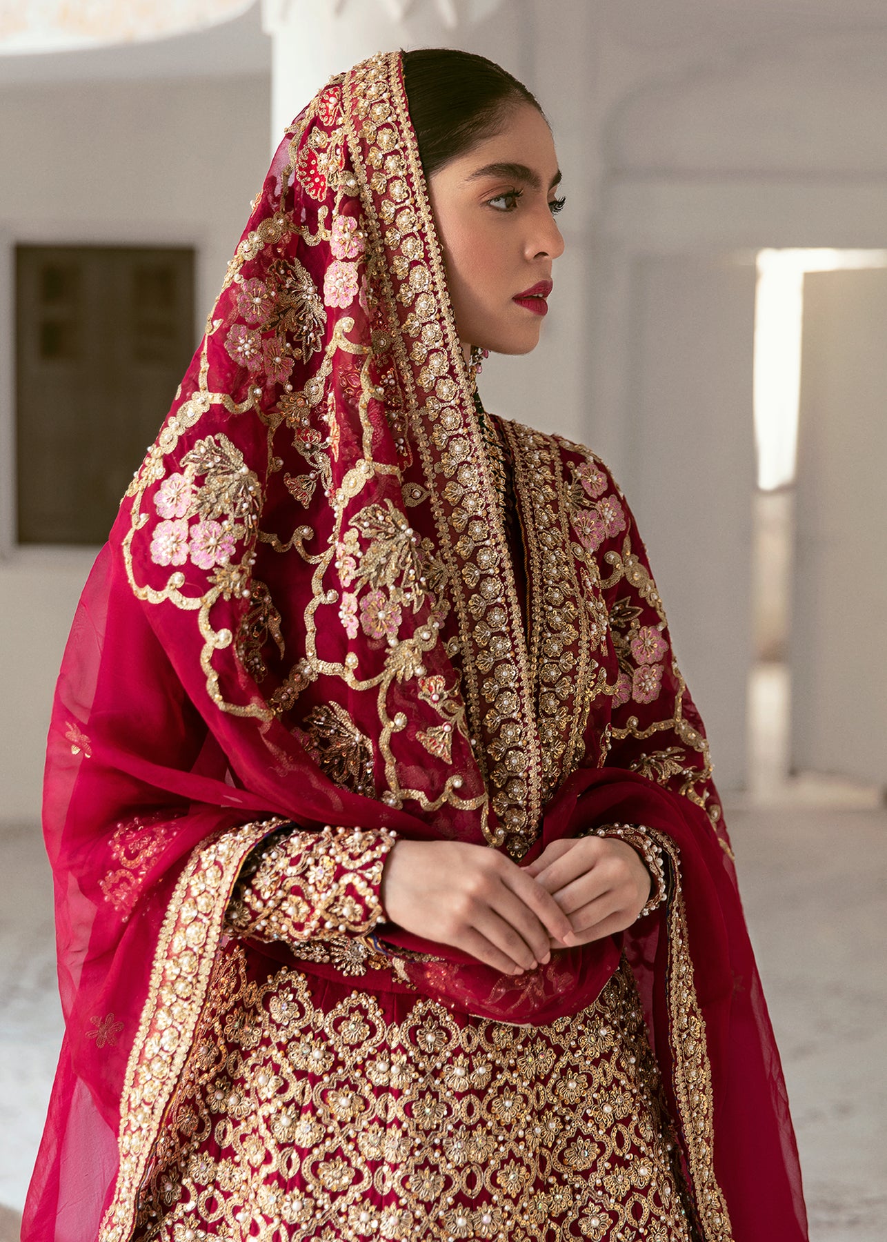 Deep Maroon Embellished Raw Silk Lehnga Choli (3-Piece) - Image 6