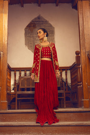 Indian Maroon Embroidered Raw Silk Lehenga Set (3-Piece) - Image 1