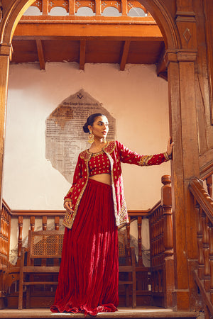 Indian Maroon Embroidered Raw Silk Lehenga Set (3-Piece) - Image 2