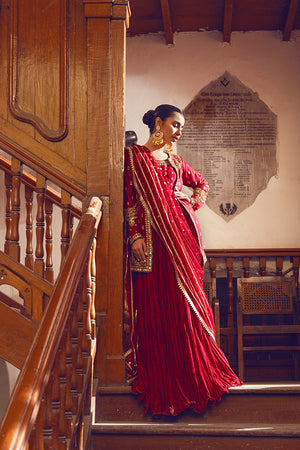 Indian Maroon Embroidered Raw Silk Lehenga Set (3-Piece) - Image 5