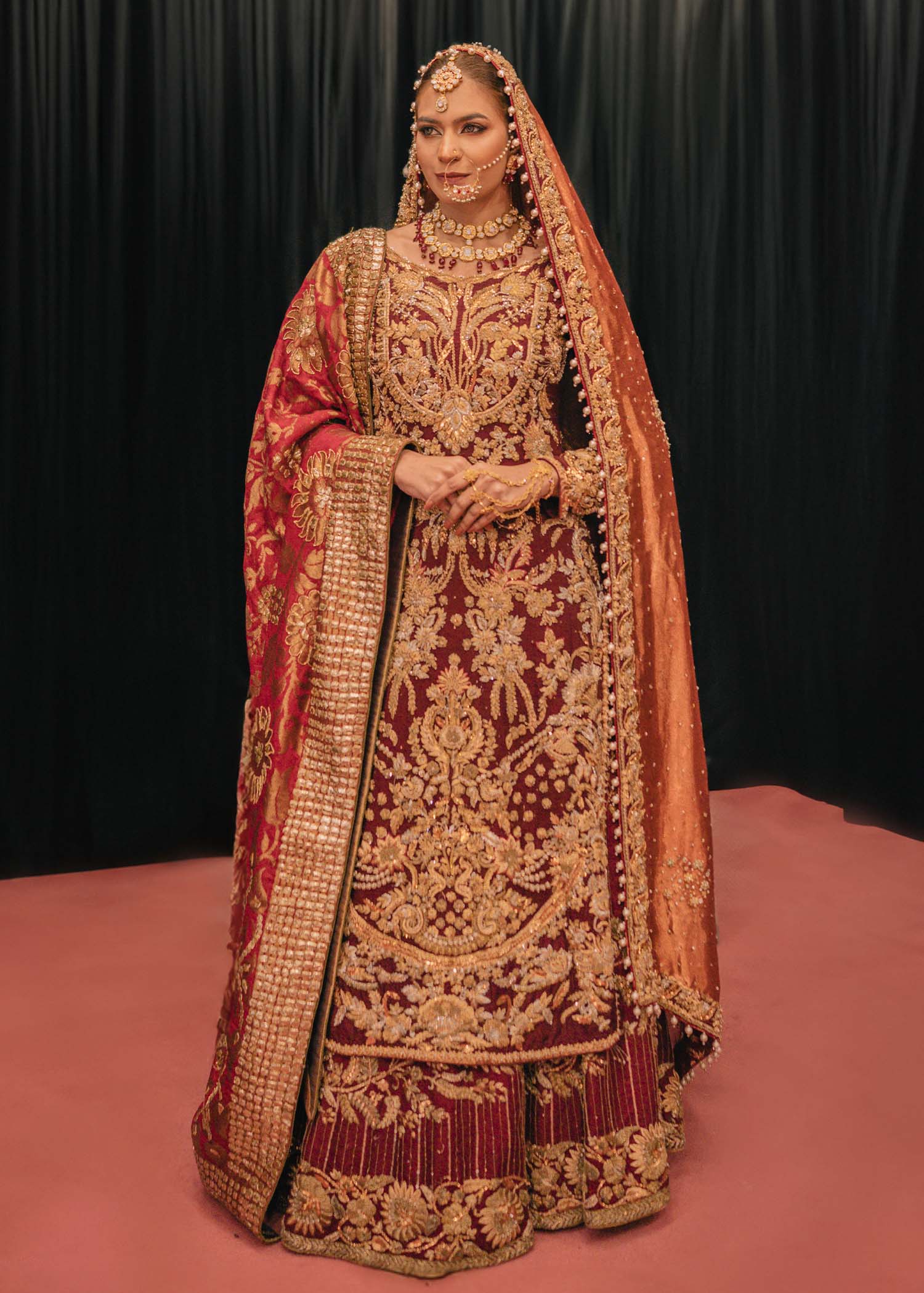 Pakistani Maroon Embroidered Chiffon & Raw Silk Bridal Lehenga (4-Piece) - Image 1
