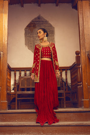 Maroon Embroidered Raw Silk Lehenga Set (3-Piece) - Image 1