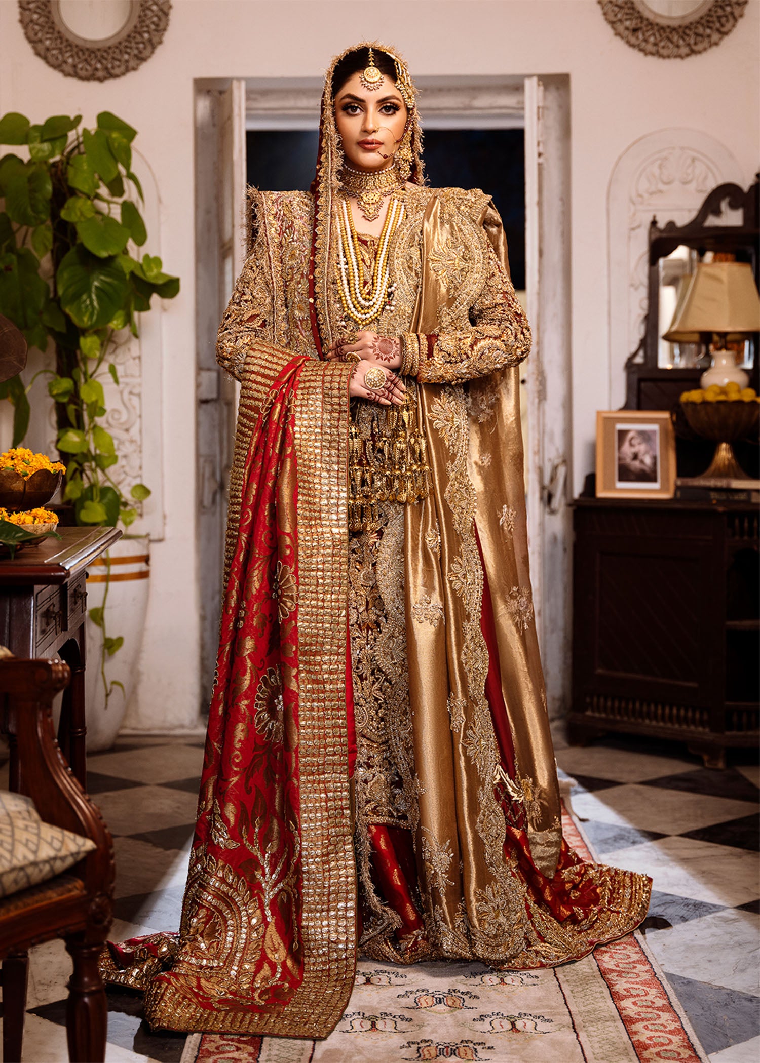 Pakistani Maroon Gold Embroidered Chiffon Khamkhaab Farshi Lehenga (3-Piece) - Image 1