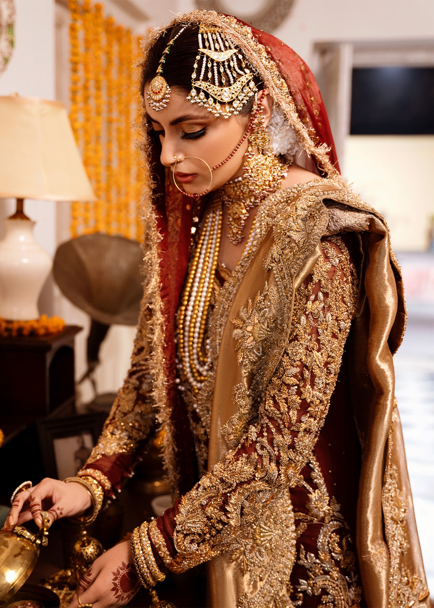 Pakistani Maroon Gold Embroidered Chiffon Khamkhaab Farshi Lehenga (3-Piece) - Image 10