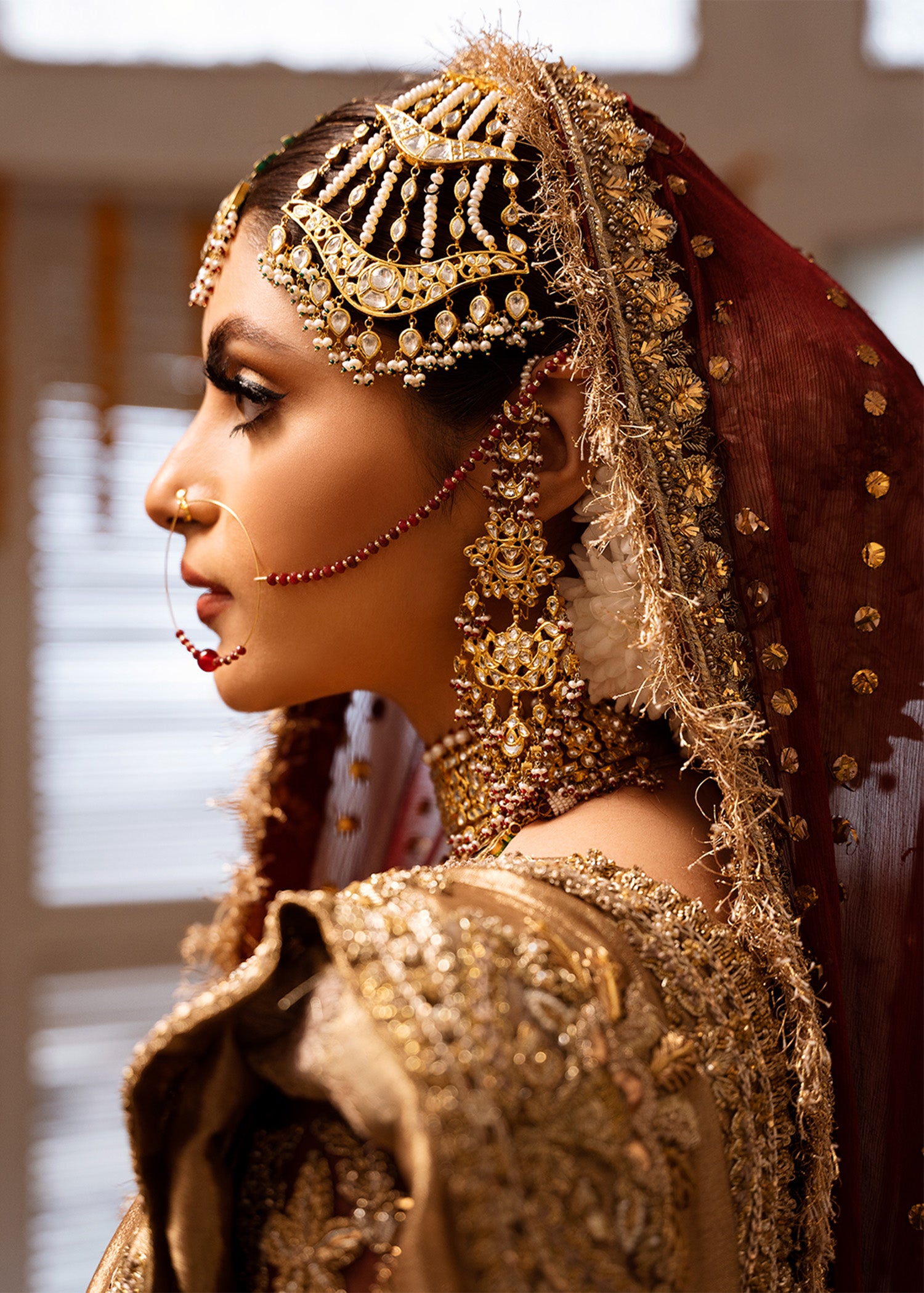 Pakistani Maroon Gold Embroidered Chiffon Khamkhaab Farshi Lehenga (3-Piece) - Image 12