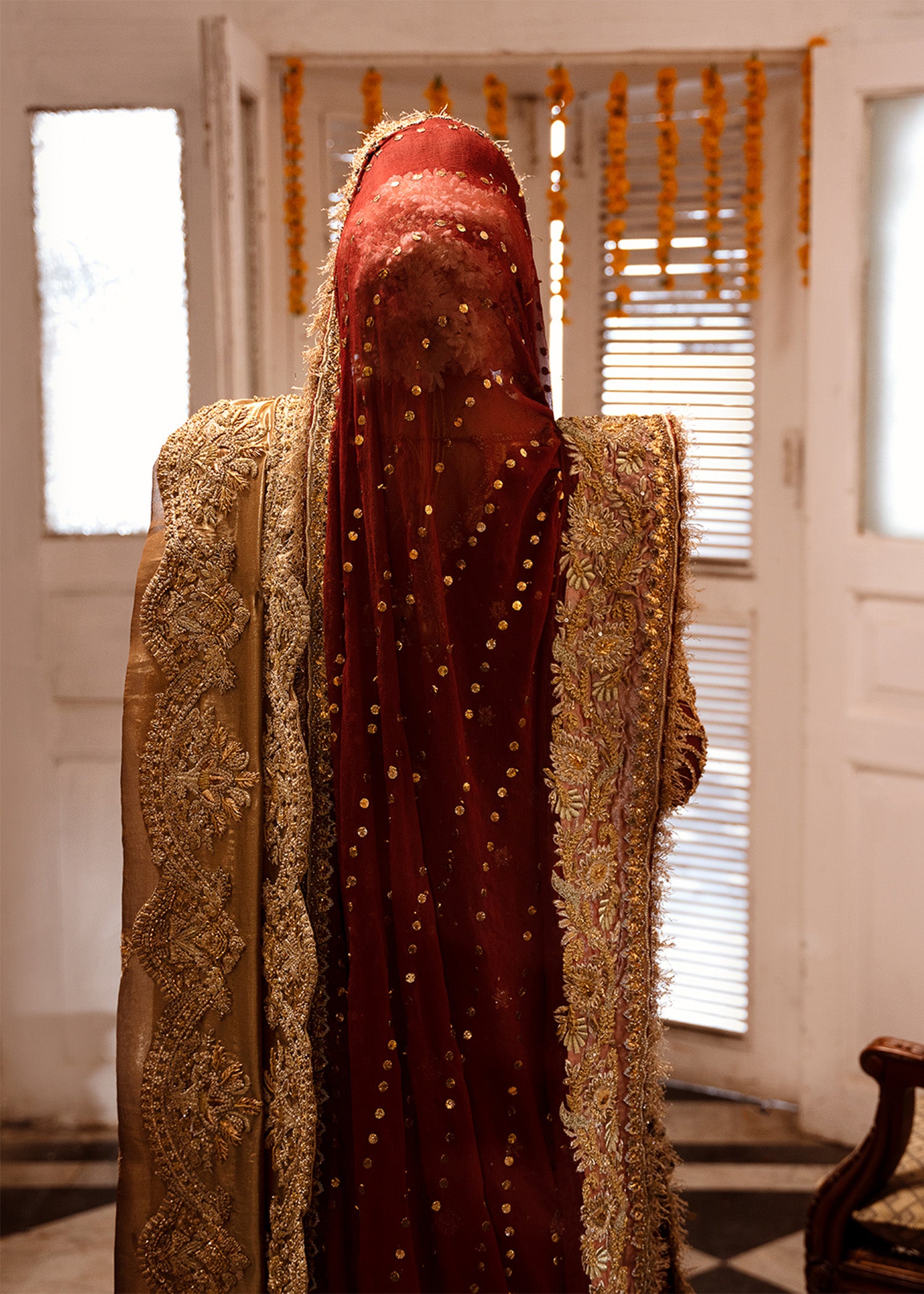 Pakistani Maroon Gold Embroidered Chiffon Khamkhaab Farshi Lehenga (3-Piece) - Image 13