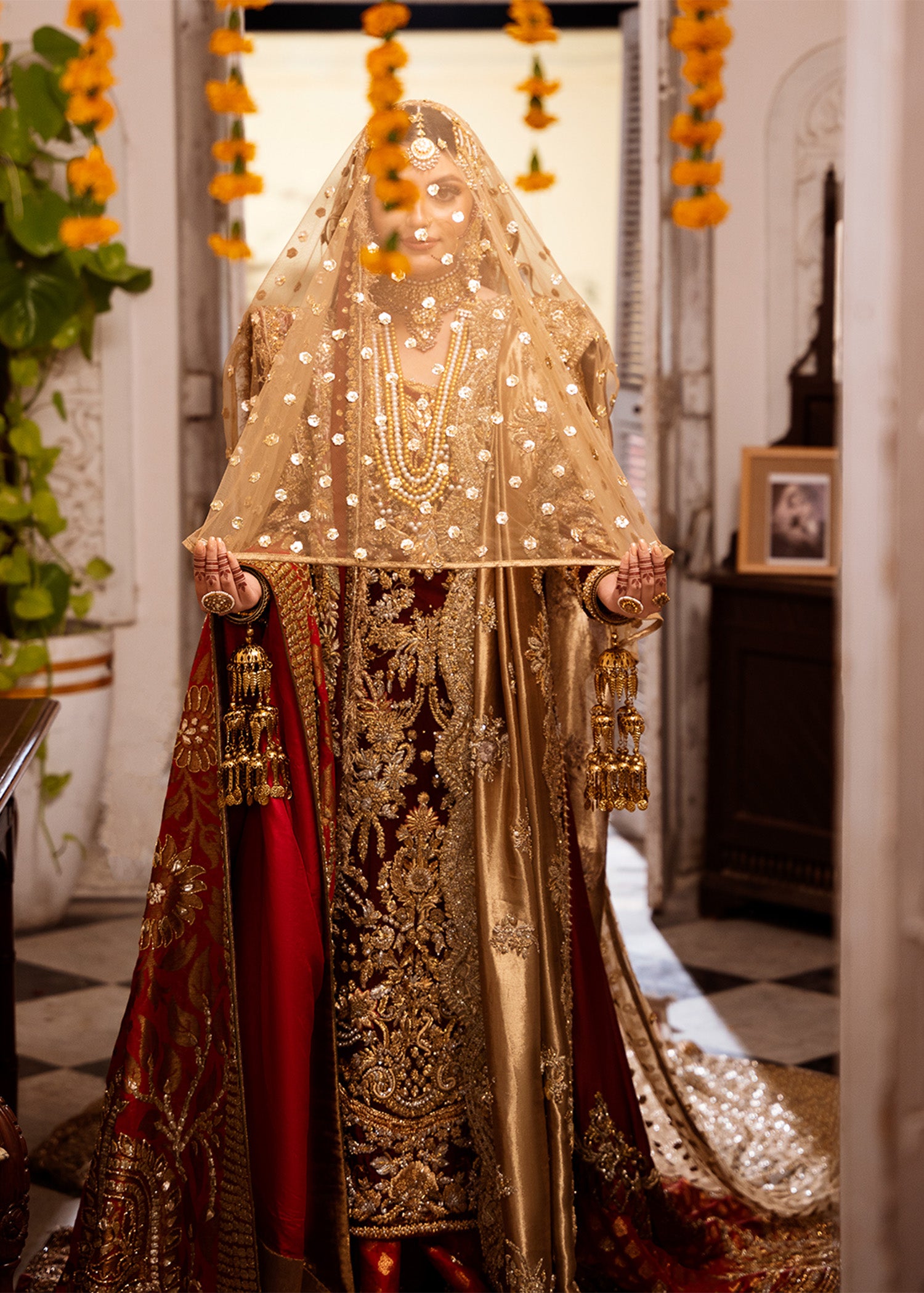 Pakistani Maroon Gold Embroidered Chiffon Khamkhaab Farshi Lehenga (3-Piece) - Image 14