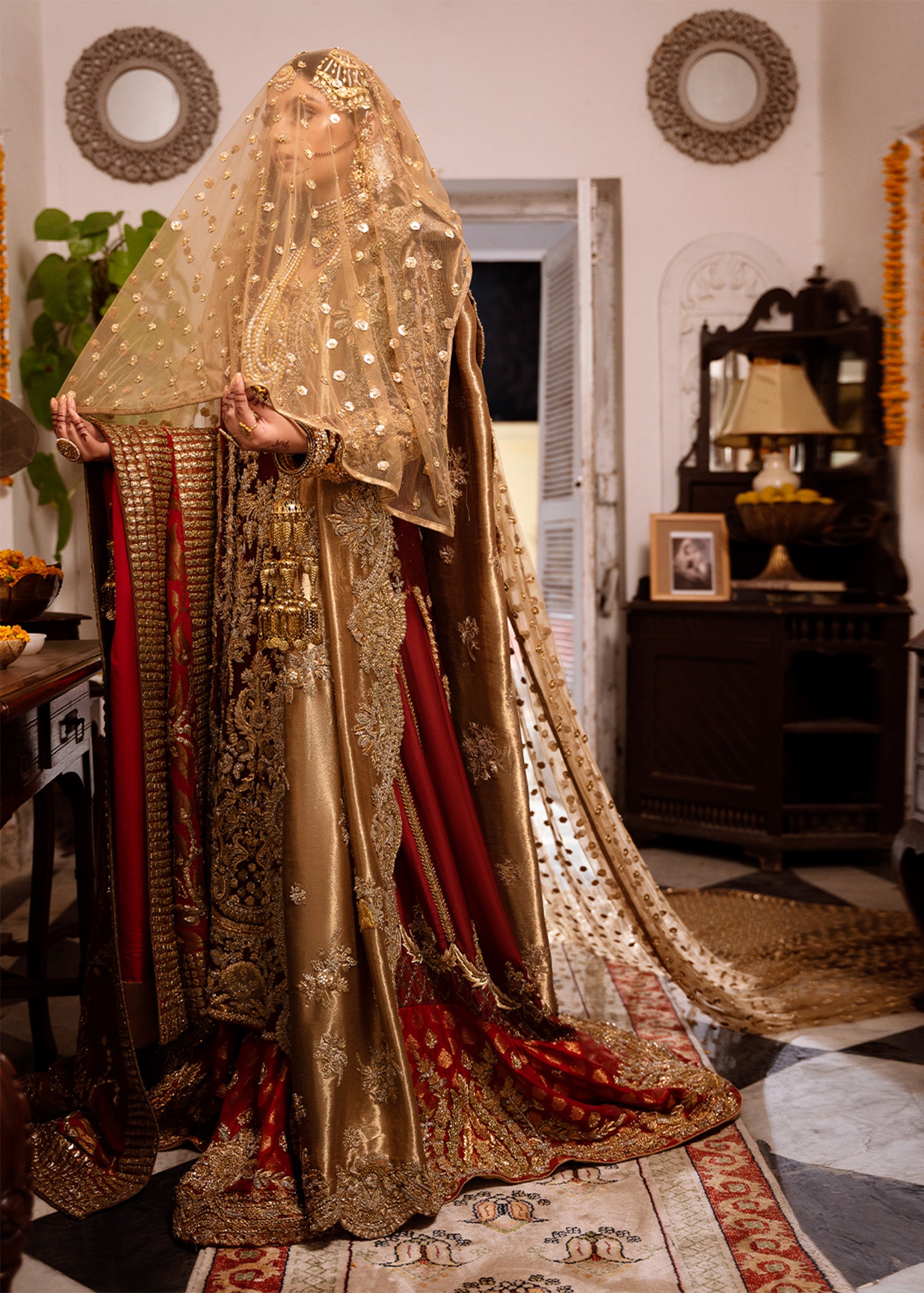 Pakistani Maroon Gold Embroidered Chiffon Khamkhaab Farshi Lehenga (3-Piece) - Image 15