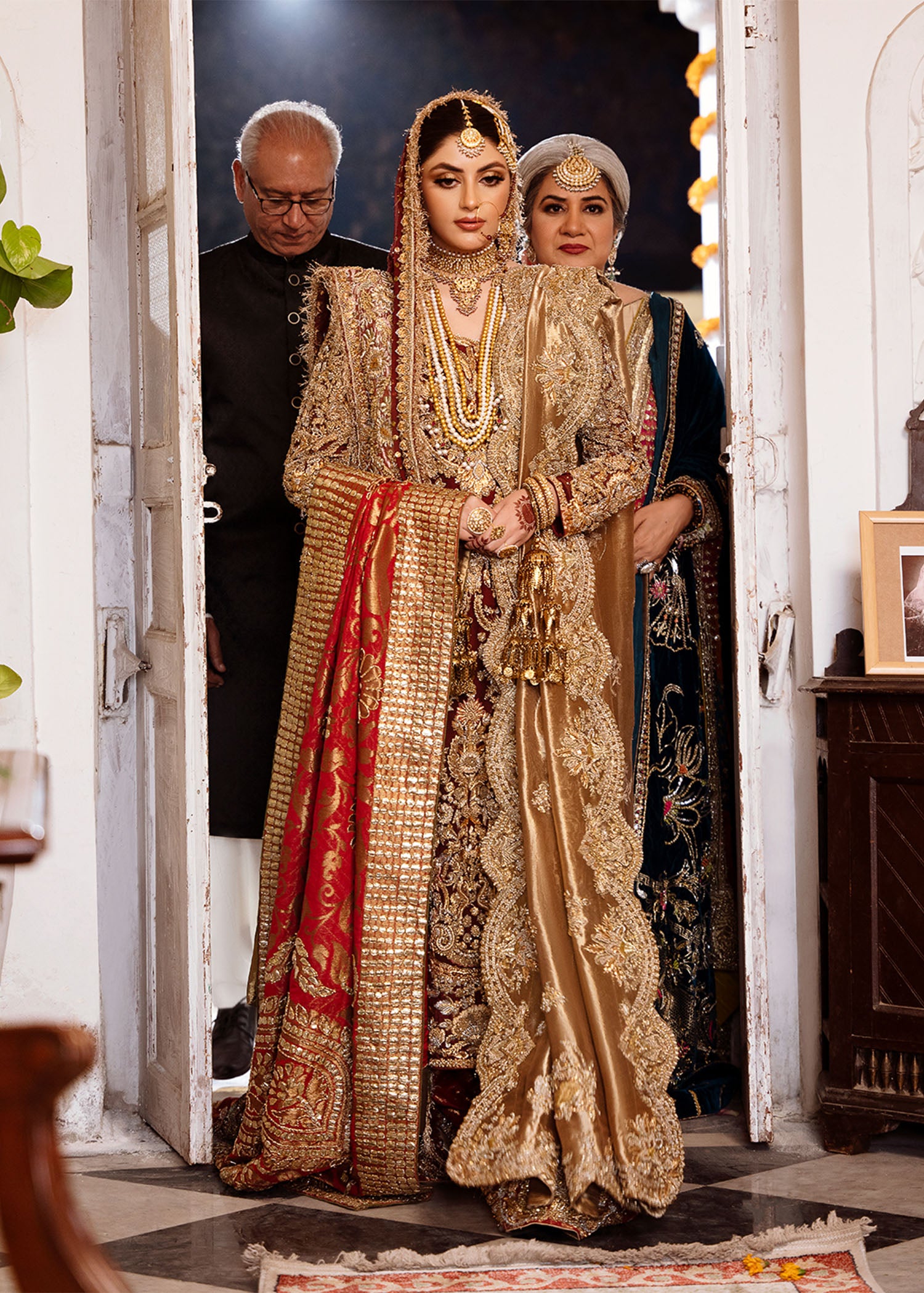 Pakistani Maroon Gold Embroidered Chiffon Khamkhaab Farshi Lehenga (3-Piece) - Image 5