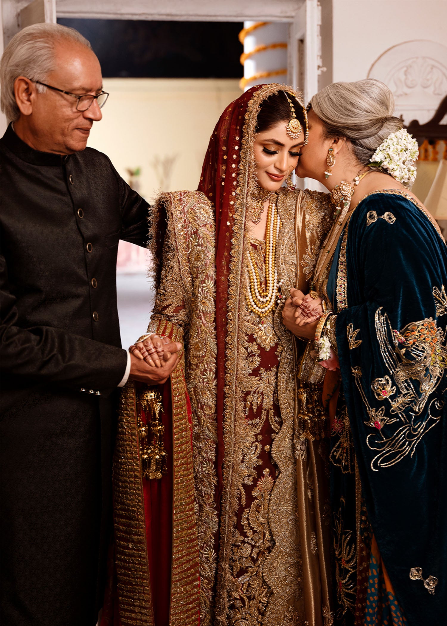 Pakistani Maroon Gold Embroidered Chiffon Khamkhaab Farshi Lehenga (3-Piece) - Image 6