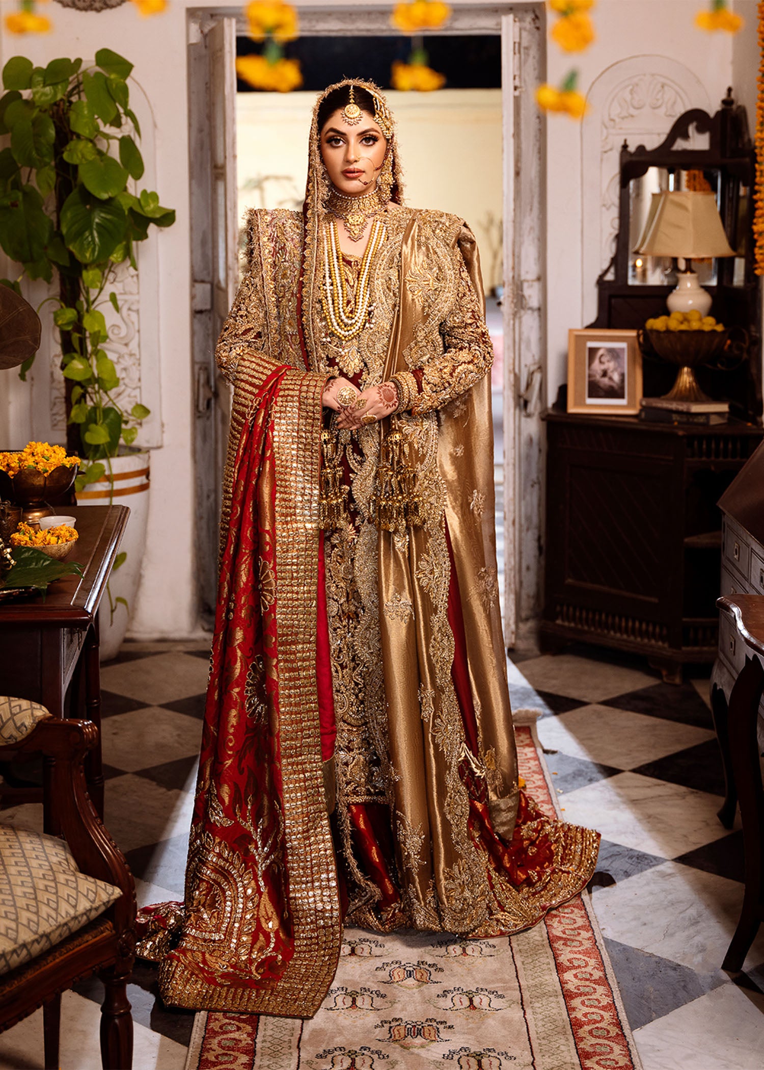 Pakistani Maroon Gold Embroidered Chiffon Khamkhaab Farshi Lehenga (3-Piece) - Image 7