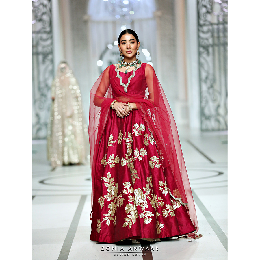 Pakistani Deep Crimson Embroidered Raw Silk Kalidar Lehnga (3-Piece) - Image 1
