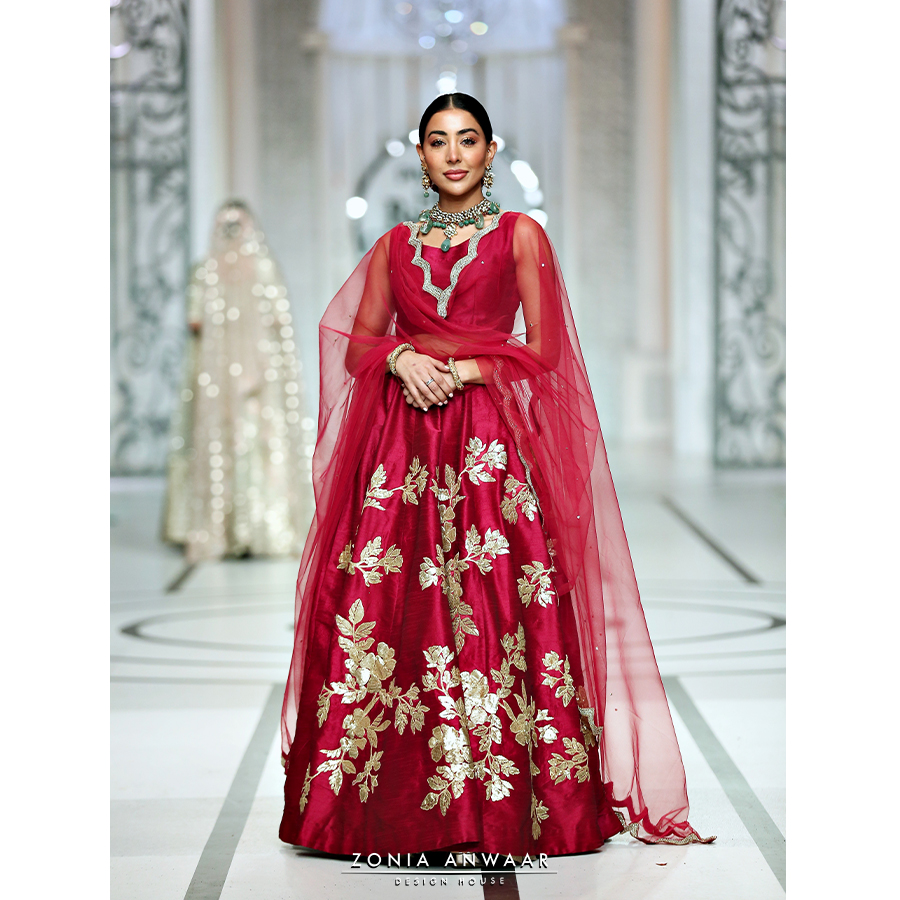 Pakistani Deep Crimson Embroidered Raw Silk Kalidar Lehnga (3-Piece) - Image 2