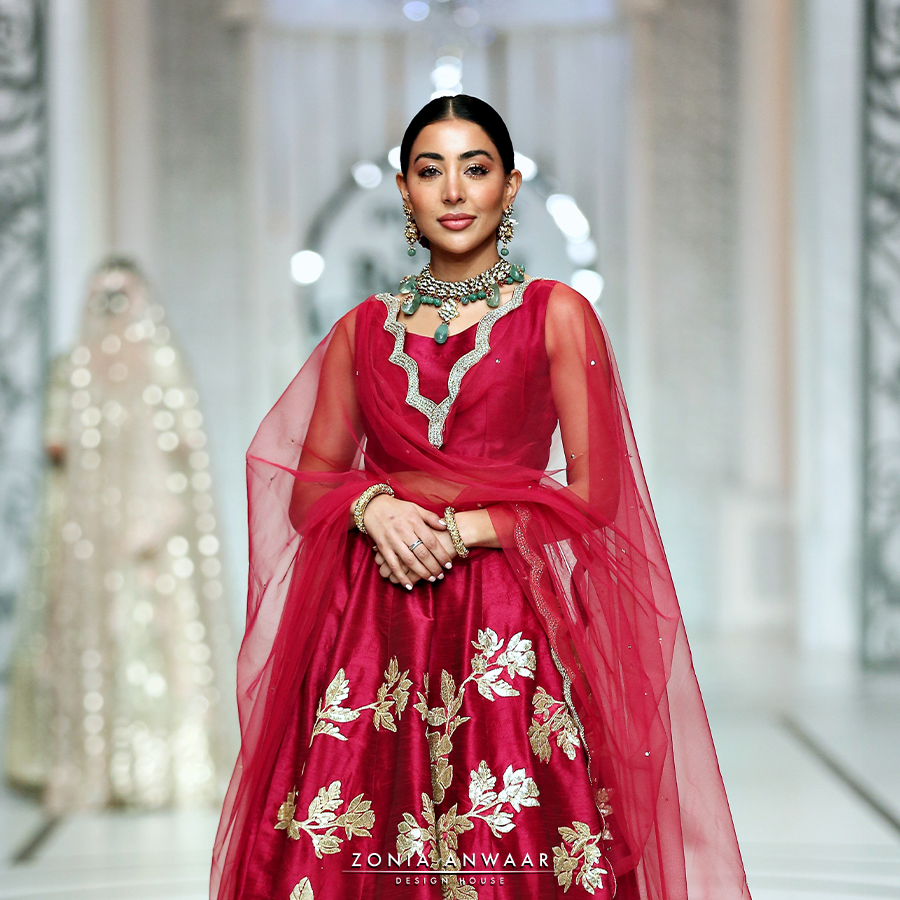 Pakistani Deep Crimson Embroidered Raw Silk Kalidar Lehnga (3-Piece) - Image 3