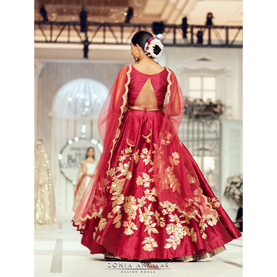 Pakistani Deep Crimson Embroidered Raw Silk Kalidar Lehnga (3-Piece) - Image 4