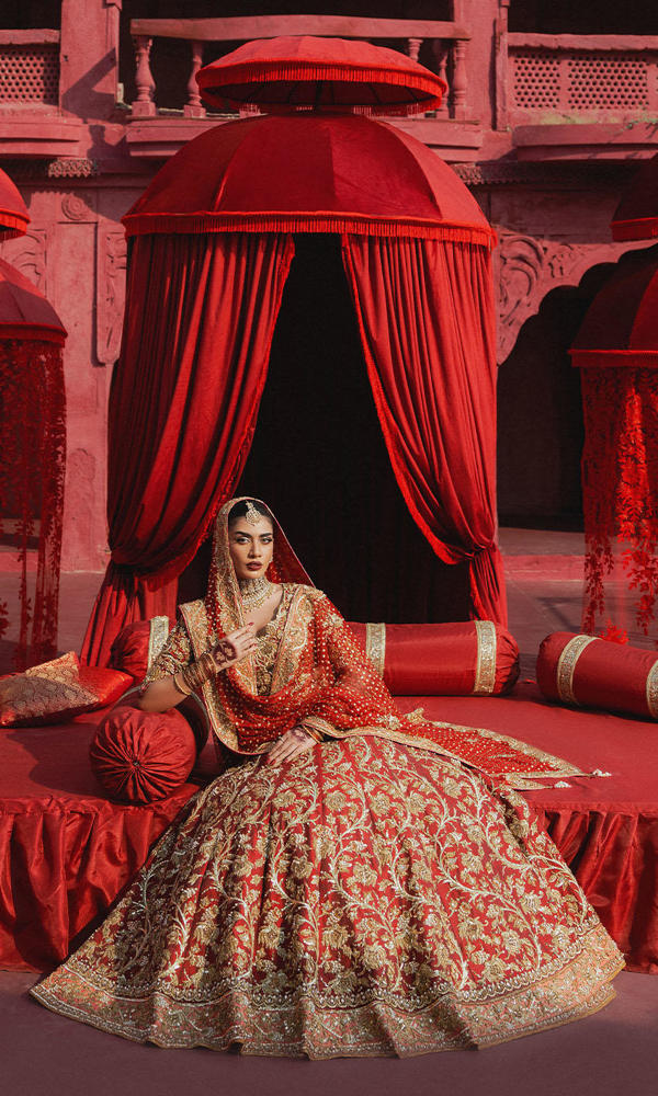 Pakistani Deep Maroon Zari & Gota Raw Silk Lehnga Choli (3-Piece) - Image 5