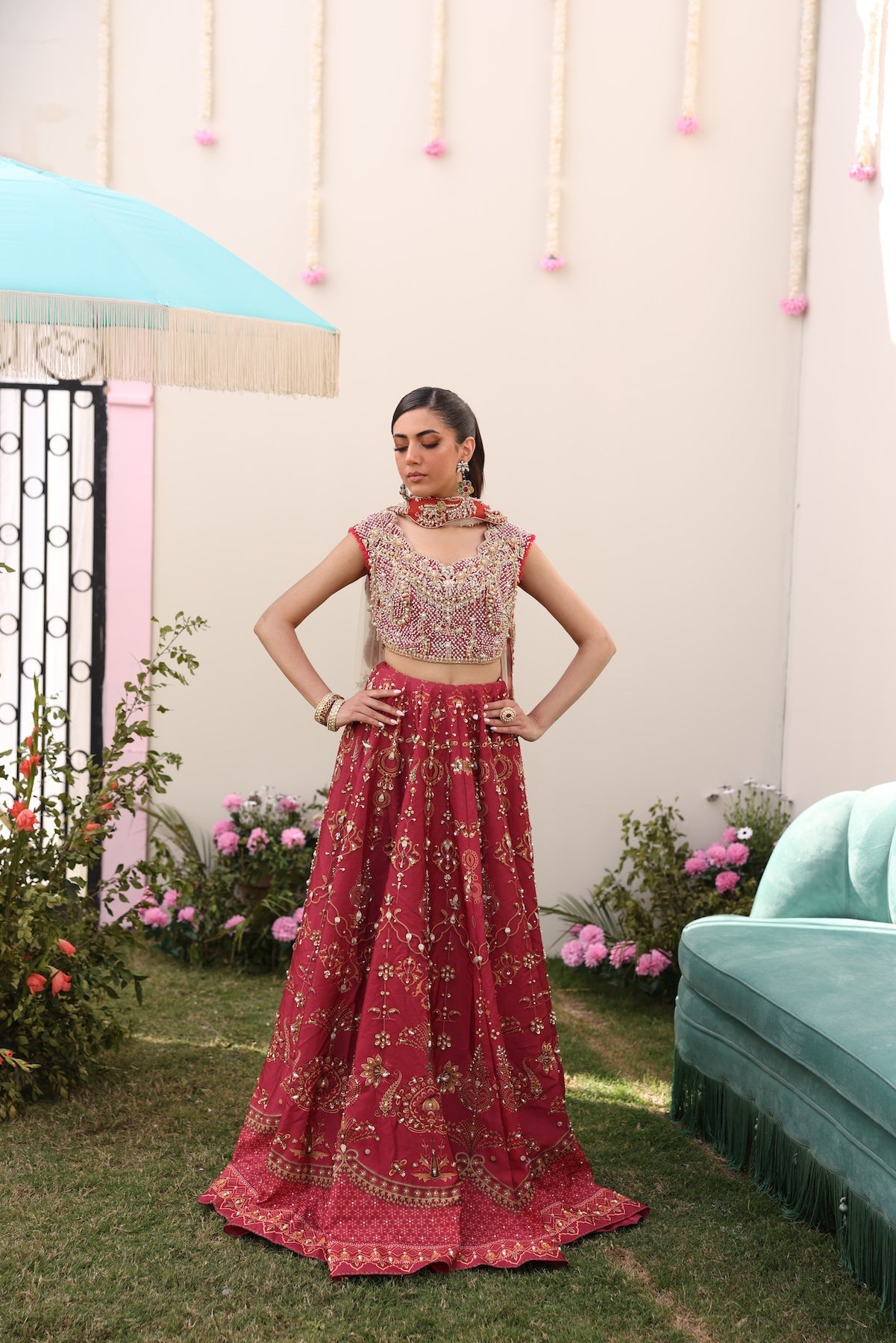 Maroon Golden Threadwork Raw Silk Lehnga Choli (3-Piece) - Image 1