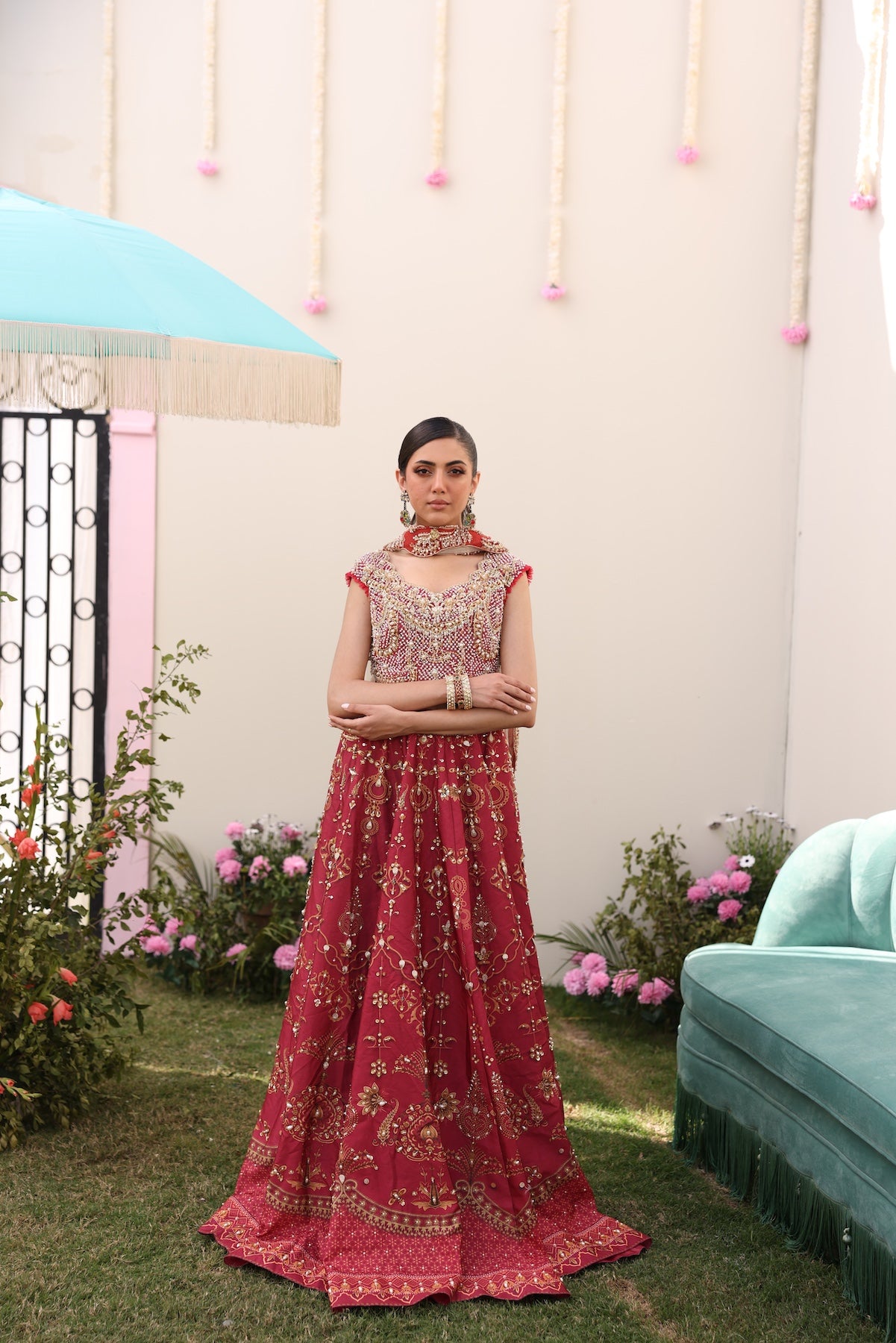 Maroon Golden Threadwork Raw Silk Lehnga Choli (3-Piece) - Image 11