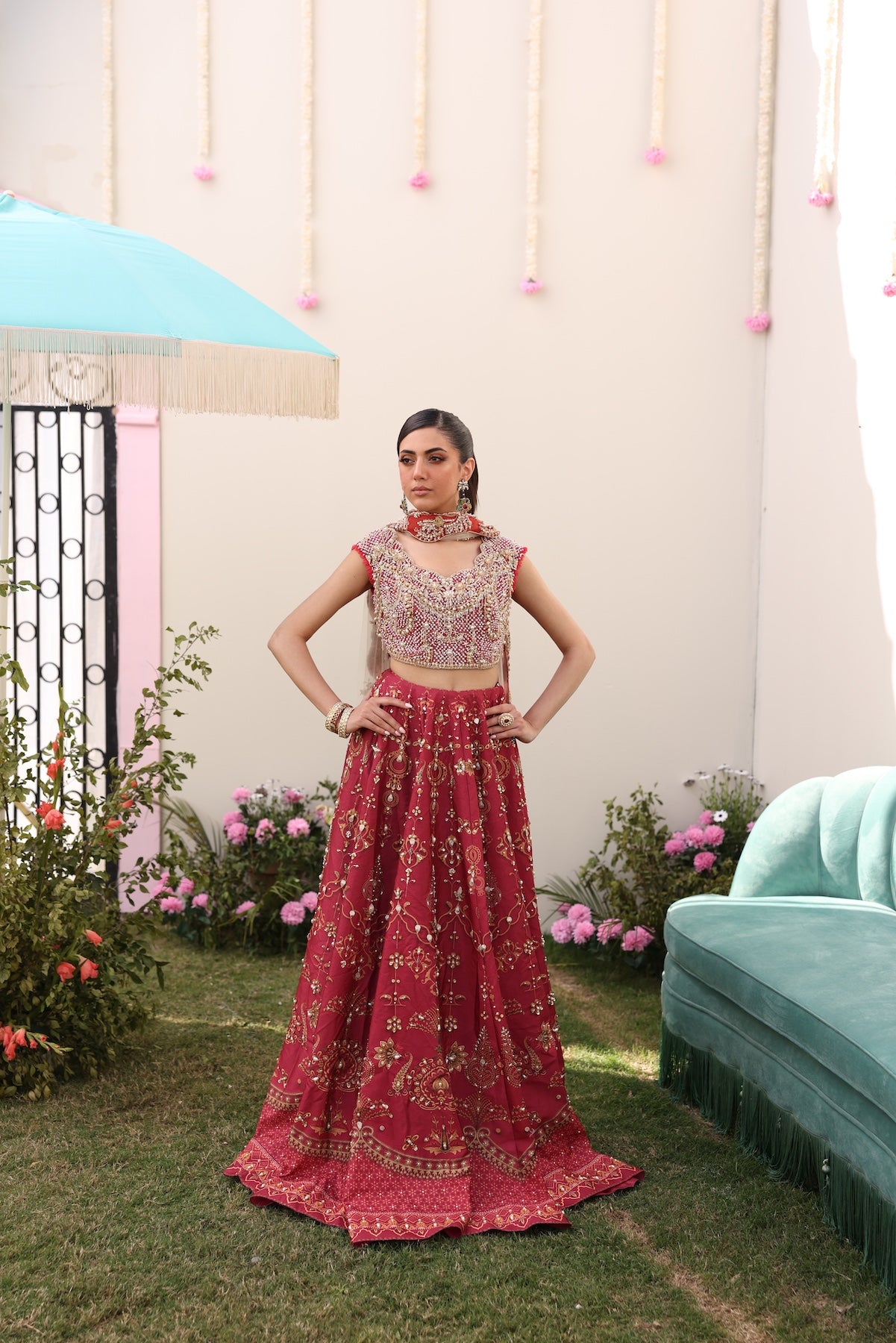 Maroon Golden Threadwork Raw Silk Lehnga Choli (3-Piece) - Image 6