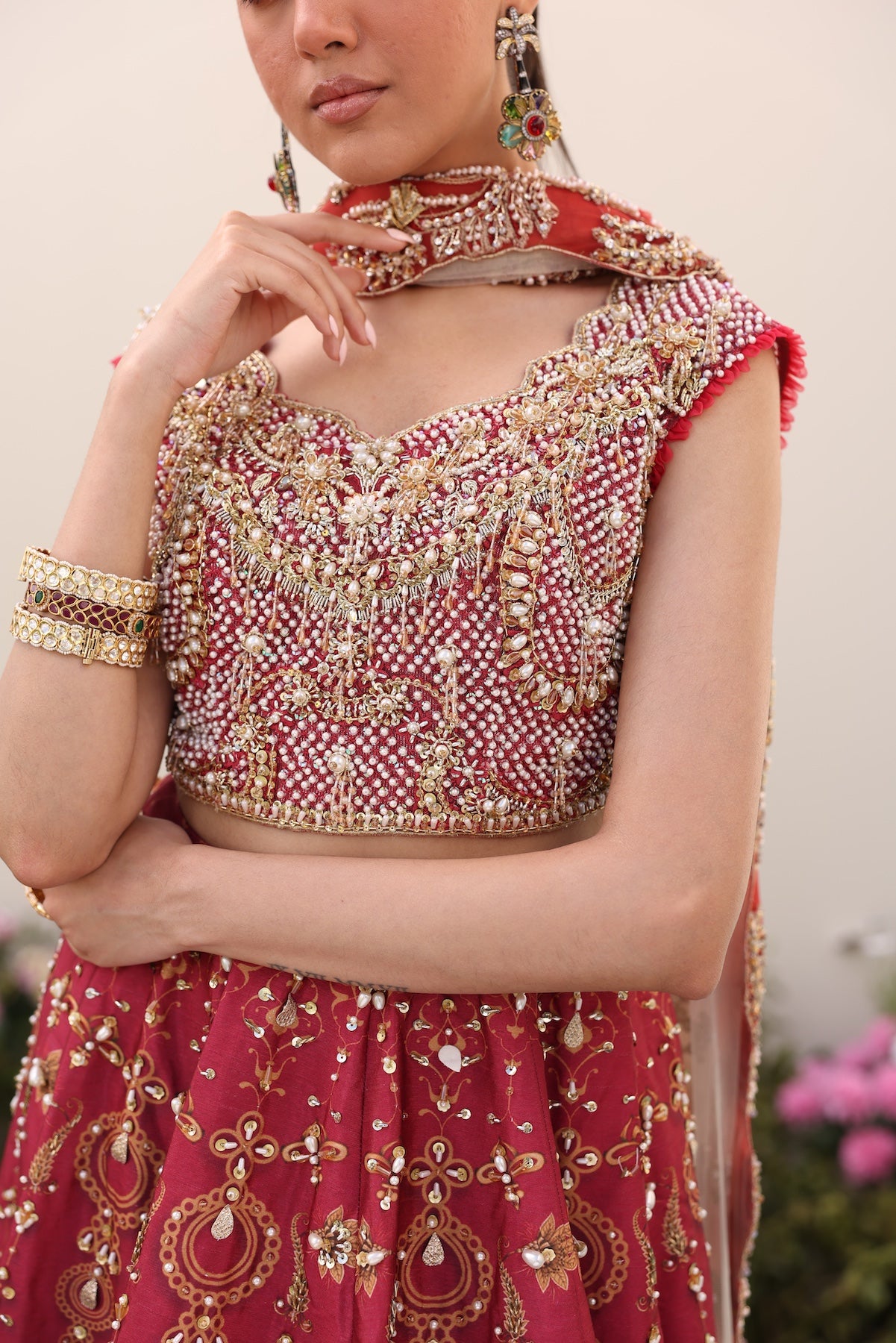 Maroon Golden Threadwork Raw Silk Lehnga Choli (3-Piece) - Image 8