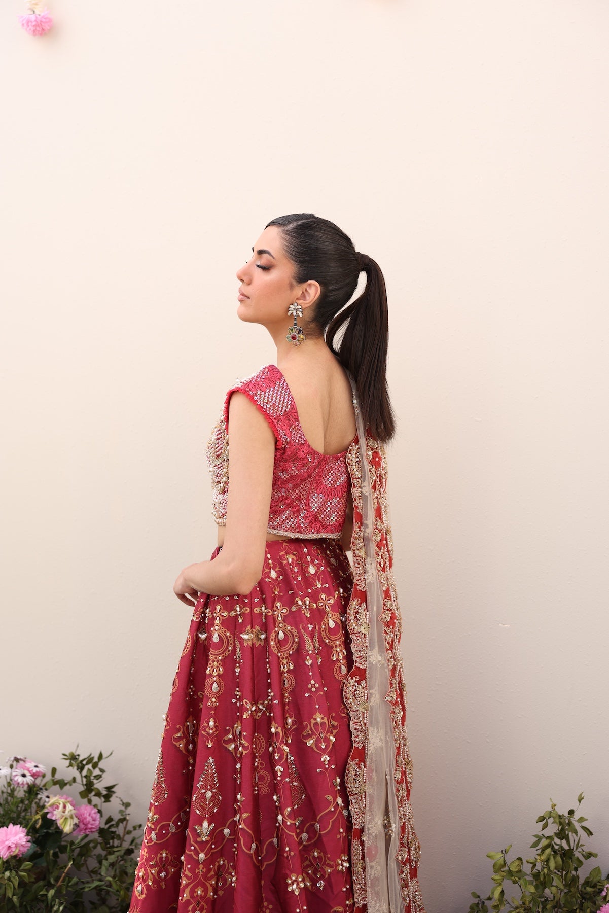 Maroon Golden Threadwork Raw Silk Lehnga Choli (3-Piece) - Image 9