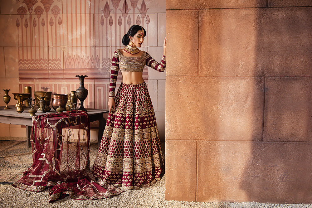 Pakistani Maroon Embellished Raw Silk Bridal Lehenga Choli (3-Piece) - Image 5