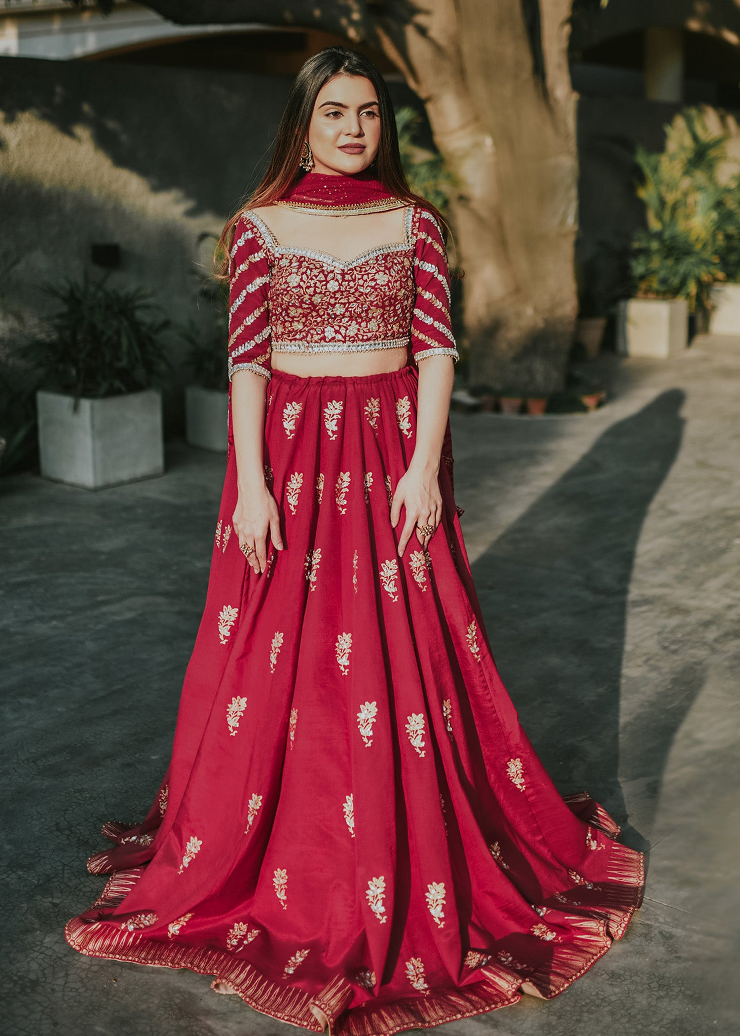 Pakistani Maroon Gota & Kundan Net Raw Silk Lehenga Choli (3-Piece) - Image 2