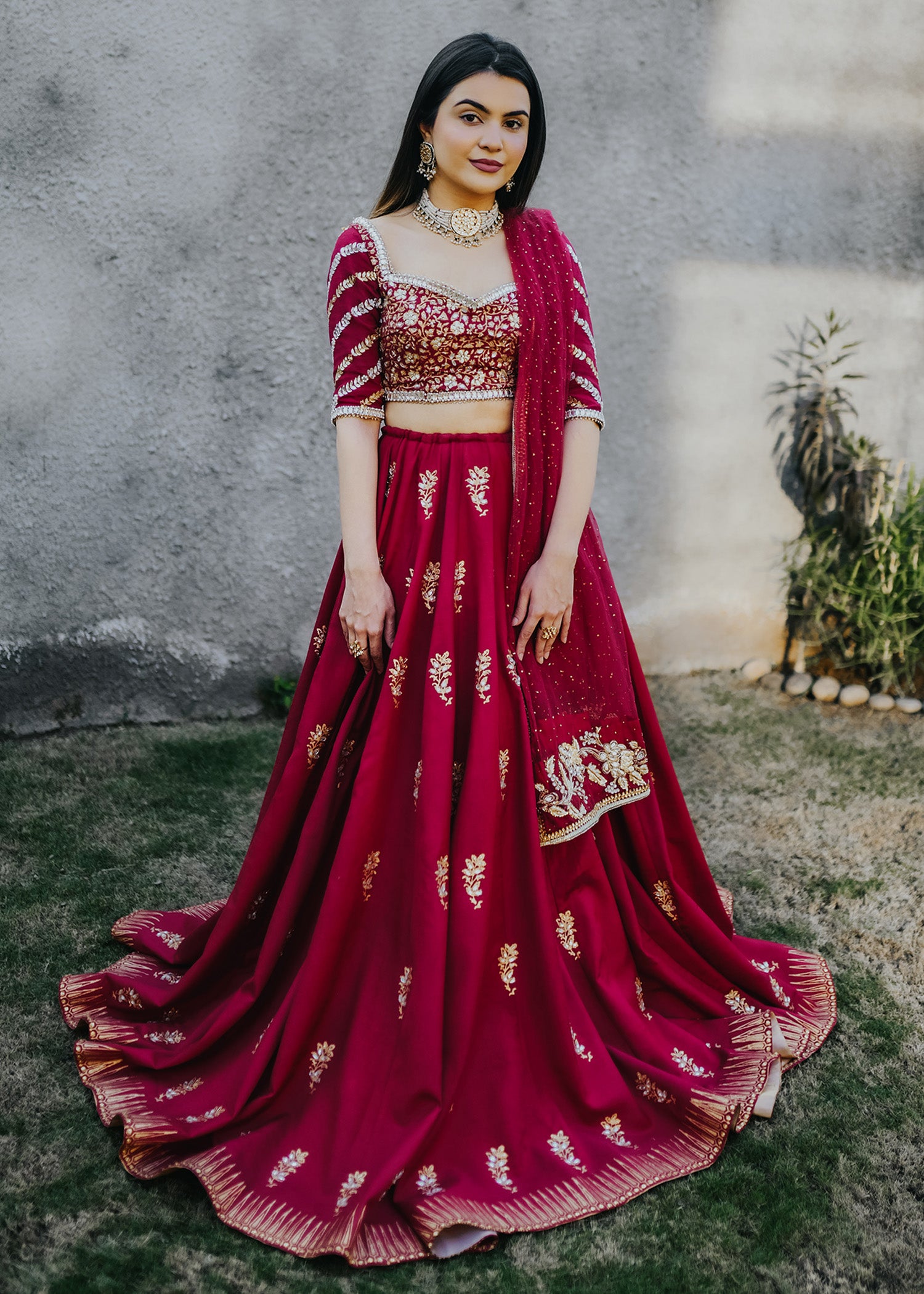 Pakistani Maroon Gota & Kundan Net Raw Silk Lehenga Choli (3-Piece) - Image 3
