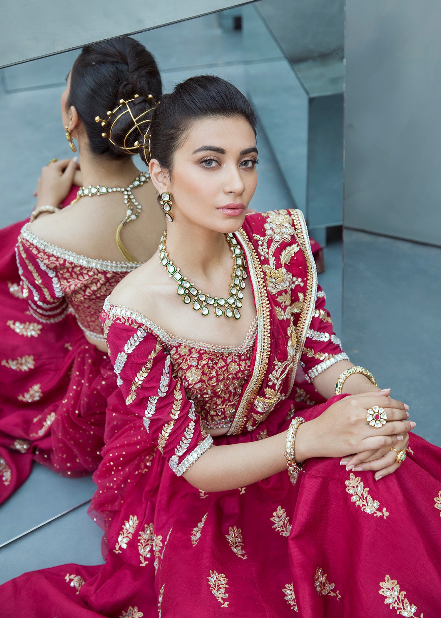 Pakistani Maroon Gota & Kundan Net Raw Silk Lehenga Choli (3-Piece) - Image 5