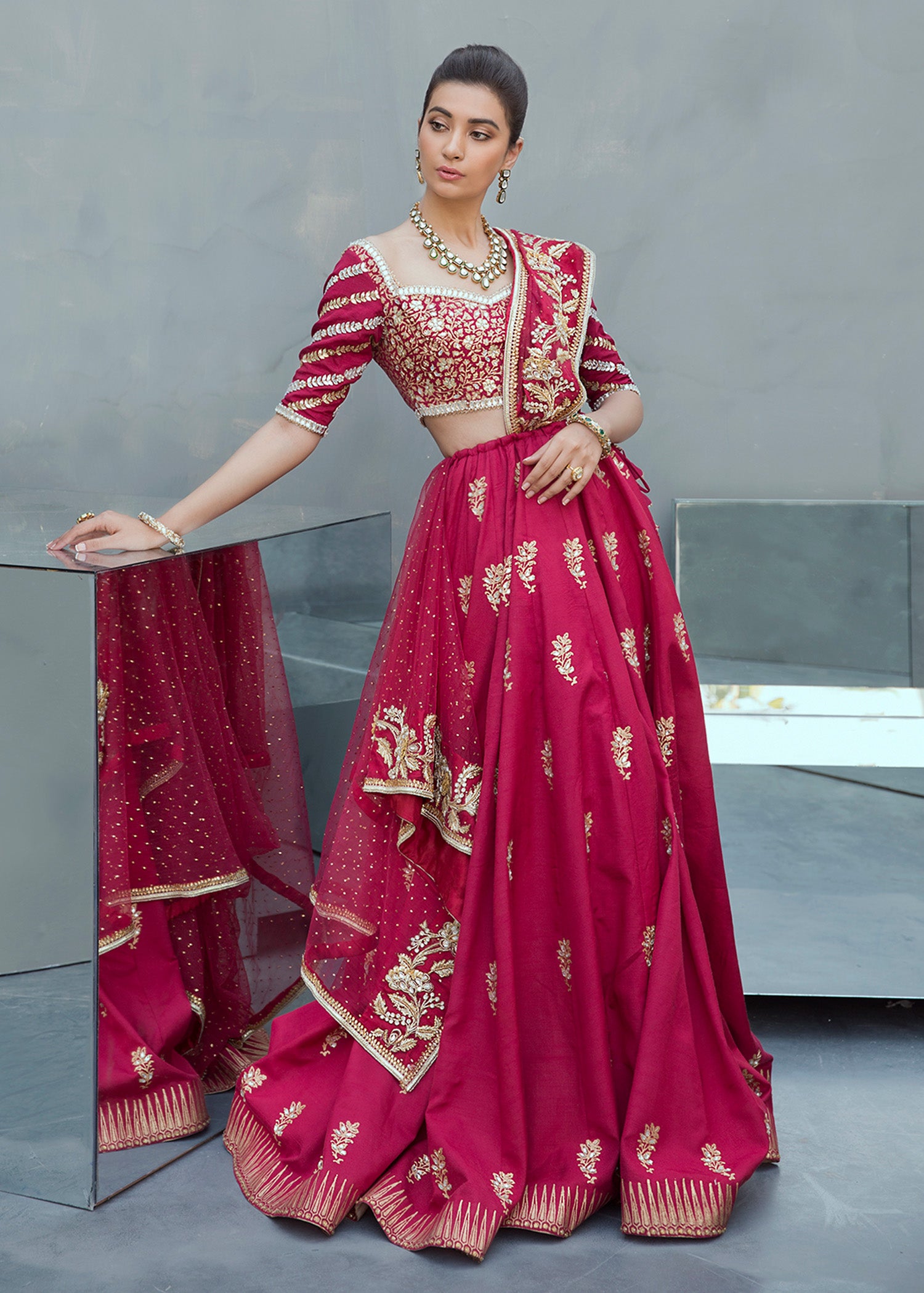 Pakistani Maroon Gota & Kundan Net Raw Silk Lehenga Choli (3-Piece) - Image 6